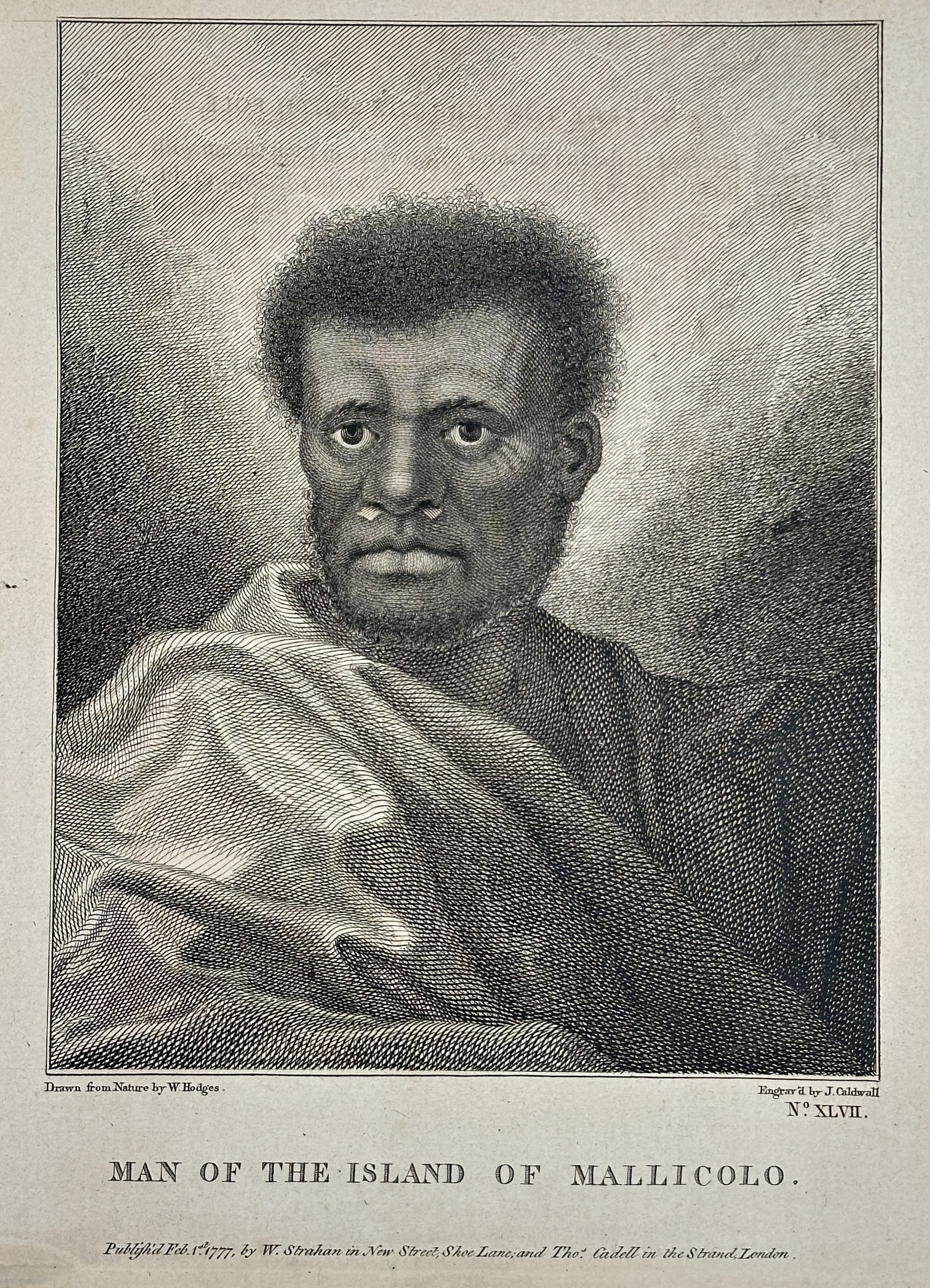 William Hodges (1744–1797) – Man of the Island of Mallicolo – Engraving (1777): This Engraving is an ethnographic portrait from the publication An Account of the Voyages Undertaken..., compiled by John Hawkesworth, which documented the second circumnavigation voyage of Captain Ja