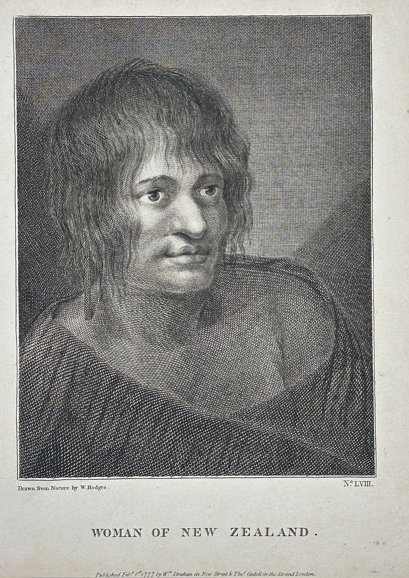 William Hodges (1744–1797) – Woman of New Zealand – Engraving (1777): This Engraving is an ethnographic bust portrait from the publication An Account of the Voyages Undertaken..., compiled by John Hawkesworth, which documented the second circumnavigation voyage of Capta