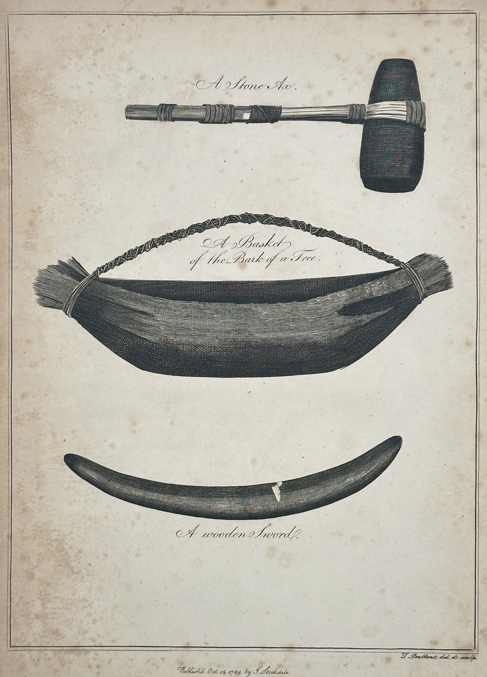 T. Prattent (fl. 1790s) – A Stone Axe, A Basket, A Wooden Sword – Engraving (1792) (1 of 2)