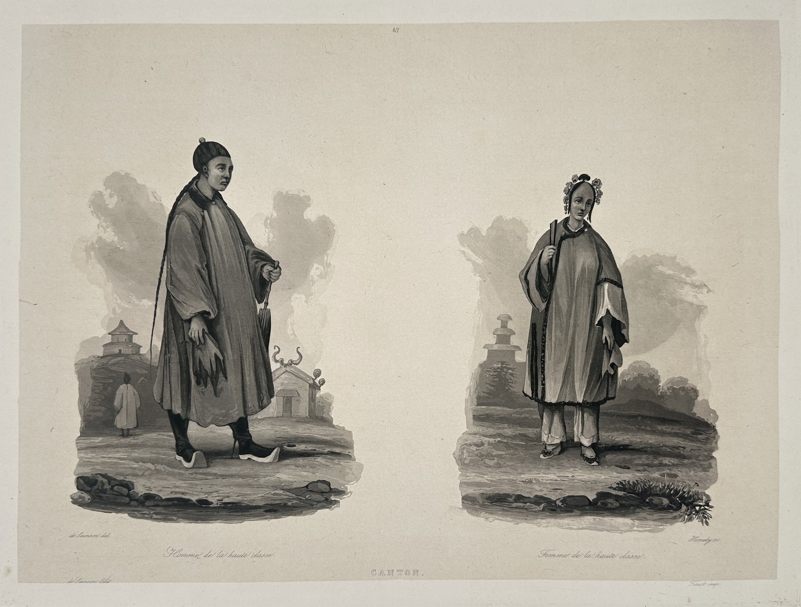 Louis Auguste de Sainson – Man and Woman of the Upper Class, Canton – Engraving: This Engraving is a detailed ethnographic plate from a French travel work, based on a drawing by Louis Auguste de Sainson. The print, which focuses on the city of Canton (Guangzhou), China, features t