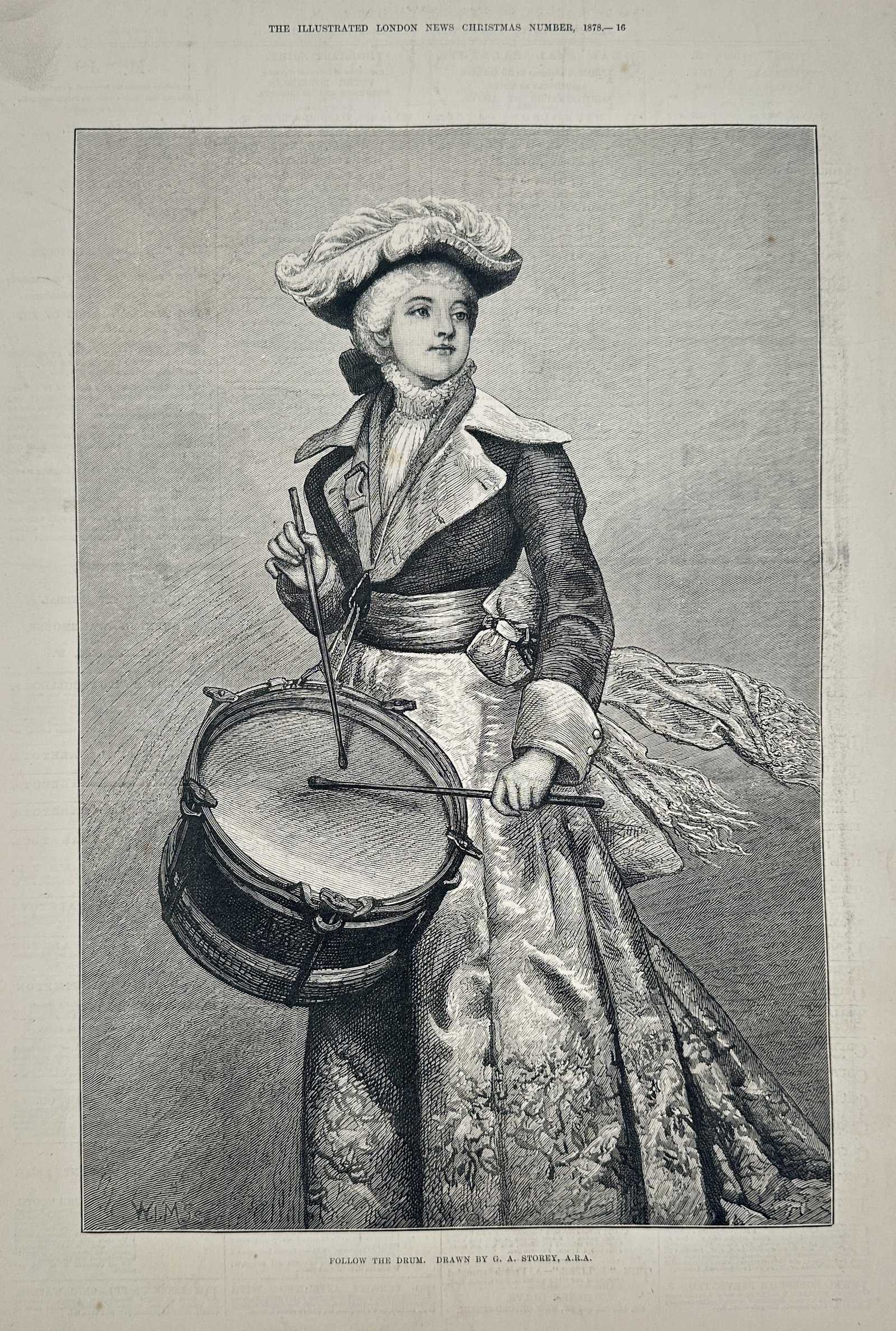 The Illustrated London News – Follow the Drum – Wood Engraving (1878): This large wood engraving depicts a woman dressed in stylized 18th-century military-inspired attire, complete with a feathered tricorn hat and an ornate coat over a patterned dress. She is shown holdi