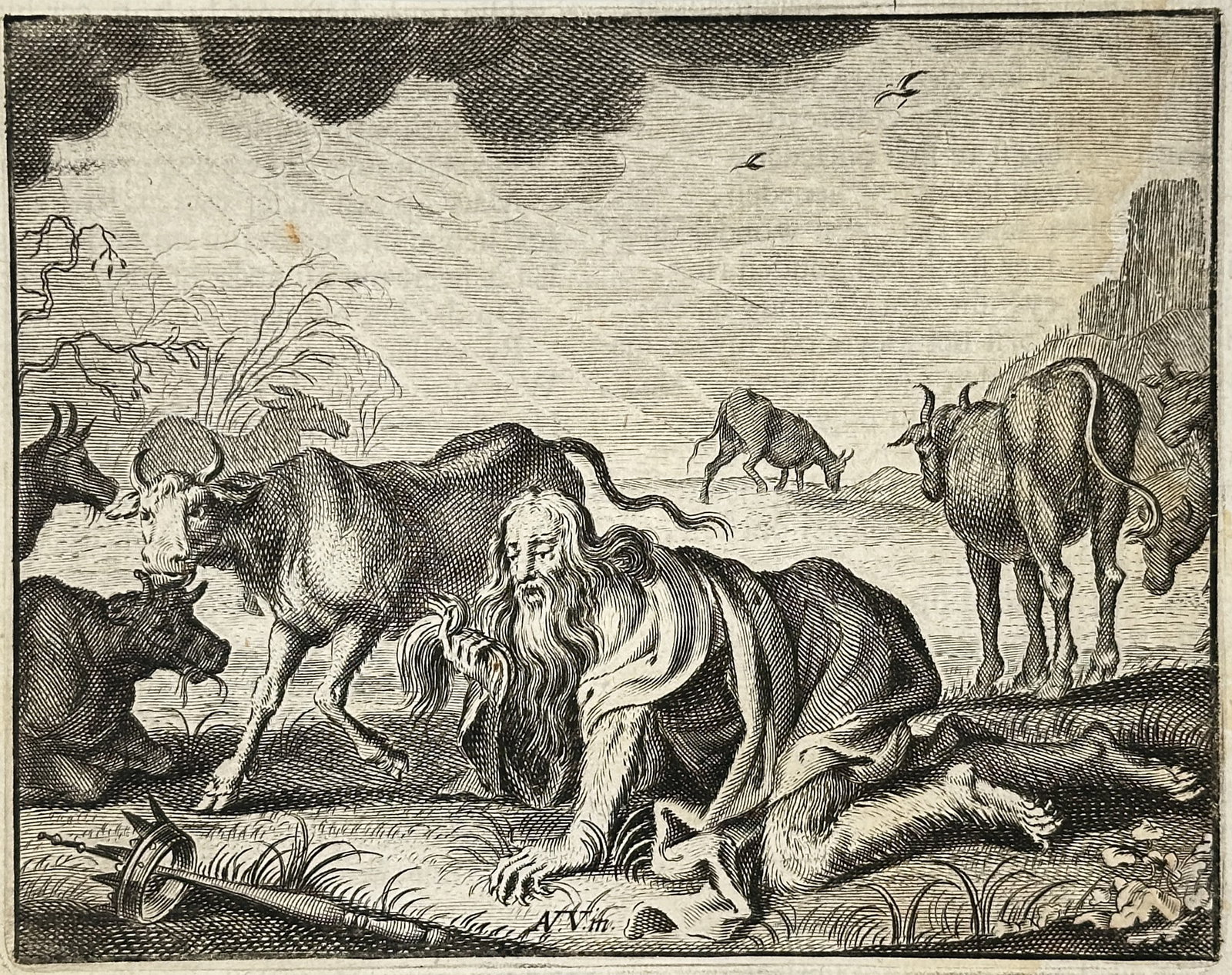 Adriaen van de Venne, after – Nebuchadnezzar Groveling like a Beast – Engraving: This copperplate engraving depicts a dramatic Biblical scene from the Book of Daniel (Daniel 4:33), illustrating King Nebuchadnezzar II reduced to an animalistic state, groveling on the ground and rea