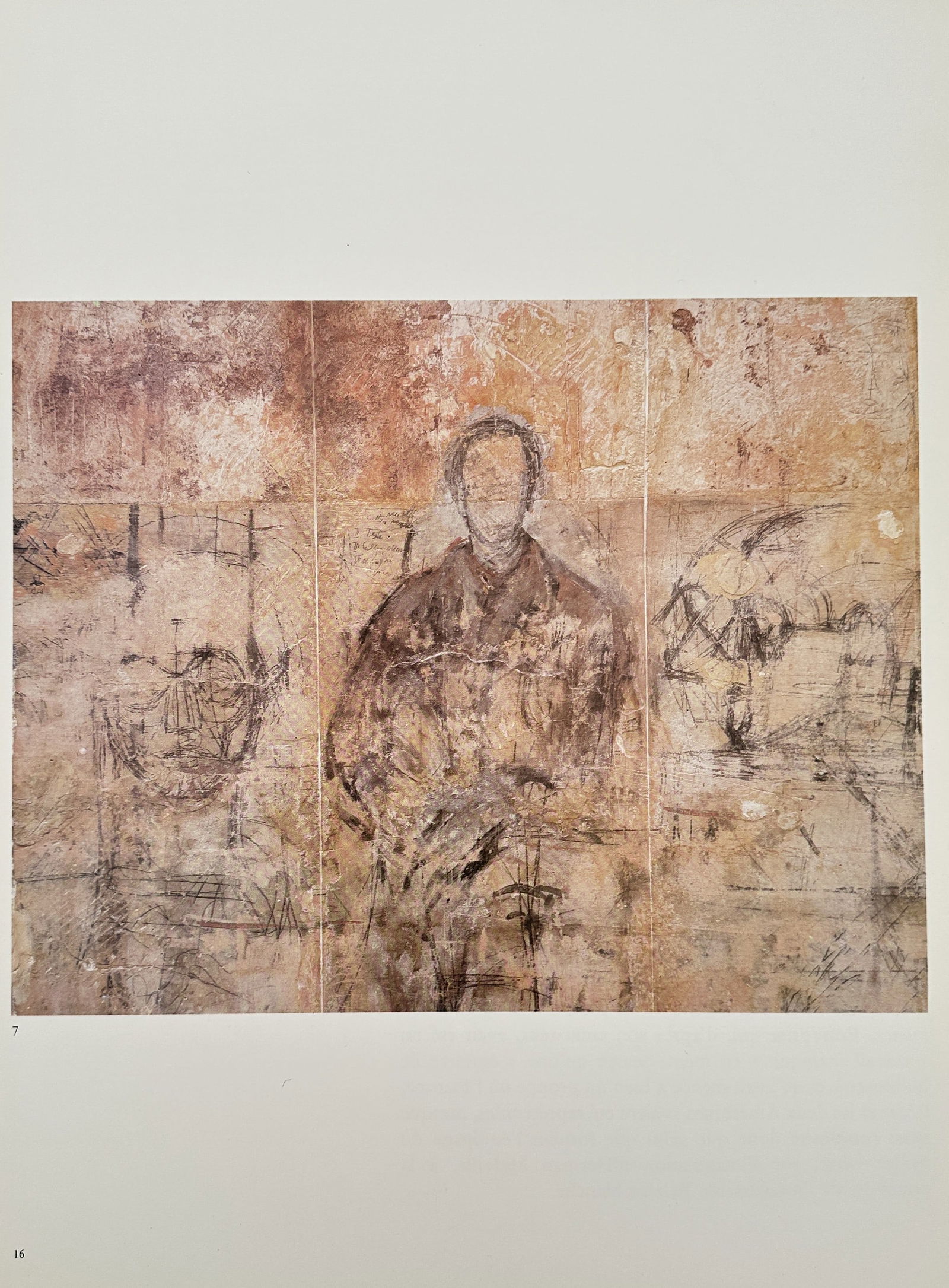 Alberto Giacometti (1901–1966) – The Walls of the Studio and the Room – Offset print (20th: This Offset print is a color of a work by Alberto Giacometti, depicting a section of the heavily worked and graffiti-covered walls of his studio or room, featuring an ethereal, sketch-like figure at t