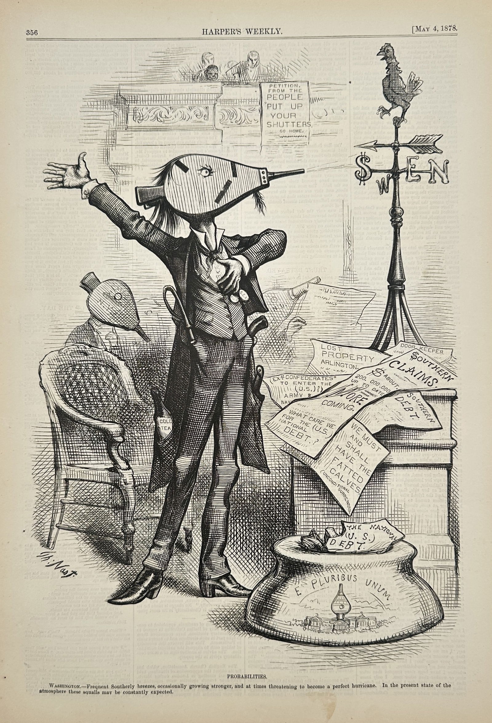Thomas Nast – Probabilities (The Washington Pothunters) – Wood Engraving (1878): This wood engraving, titled Probabilities, is a satirical cartoon by Thomas Nast commenting on corruption and opportunism in post-Civil War American politics. The central figure is a caricature of a W