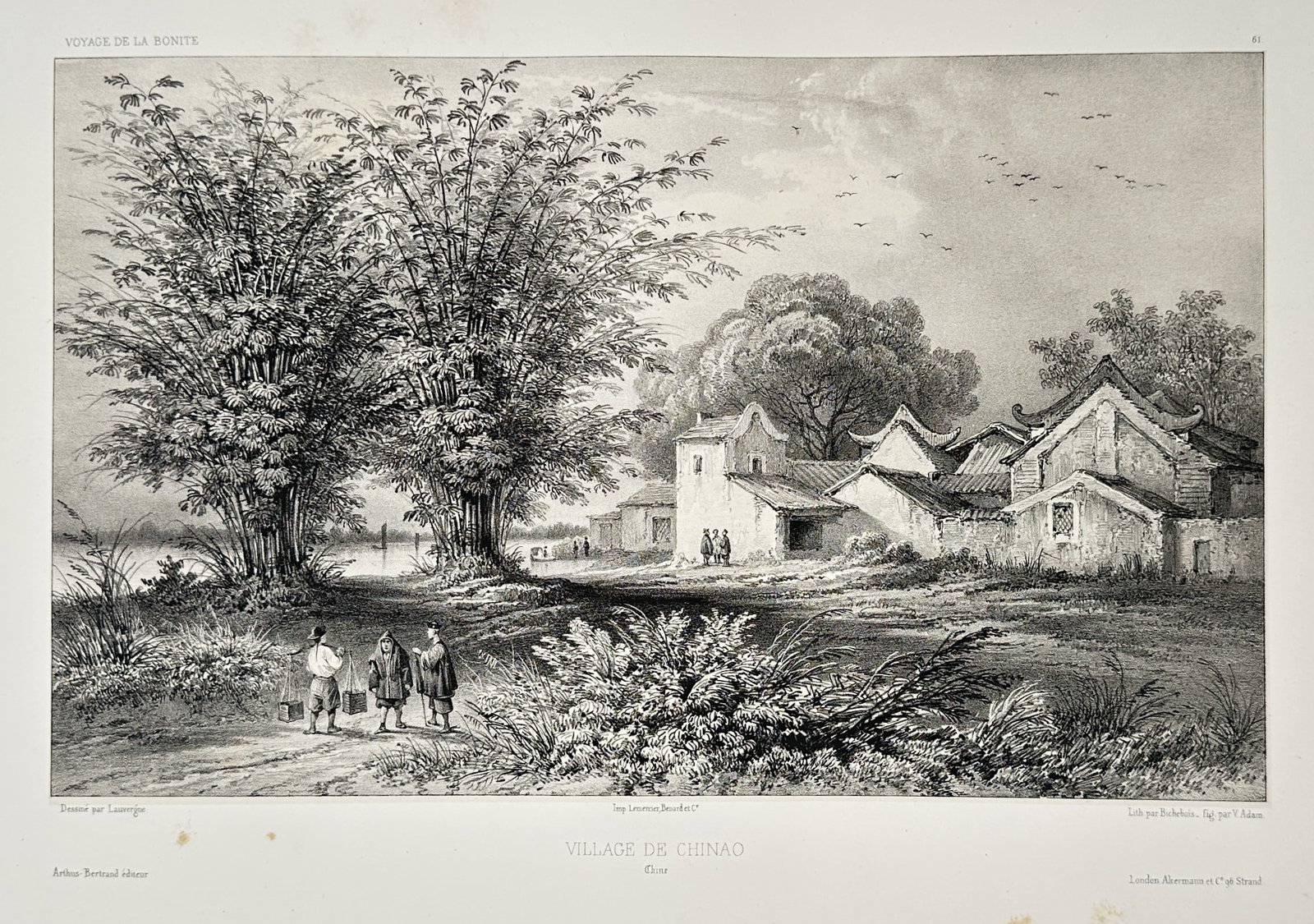 Barthélémy Lauvergne – Village of Ton-Nao (Cochinchina) – Engraving (Circa 1840s): This topographical engraving, titled Village de Ton-Nao (Village of Ton-Nao), captures a rural scene in Cochinchina (Southern Vietnam). The foreground features a dirt road where a few figures walk ben