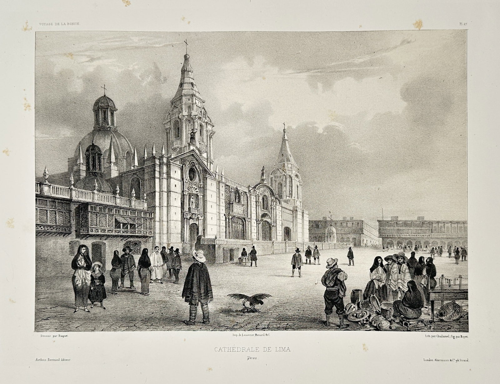 Barthélémy Lauvergne – The Cathedral of Lima (Peru) – Lithograph (Circa 1845) (1 of 2)