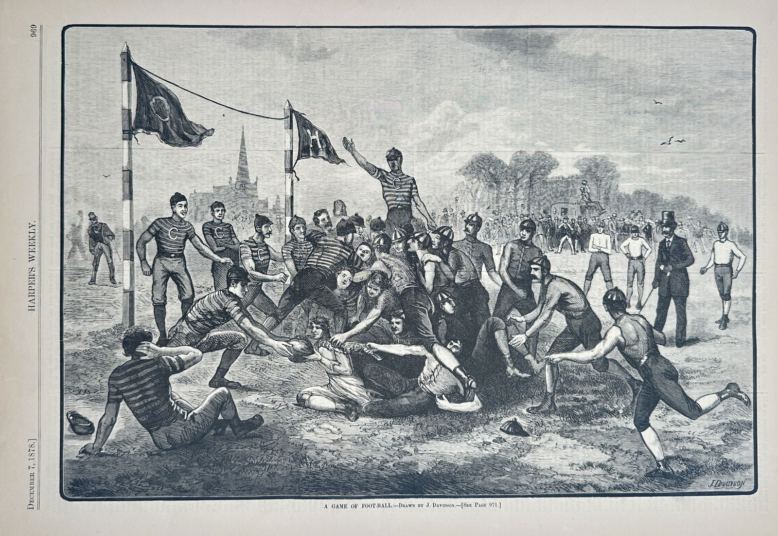 Thomas Nast – A Game of Football – Wood engraving (1878): This action-filled illustration, titled A Game of Football, captures an early, chaotic form of American college football (a precursor to the modern game). The center of the image is dominated by a tig
