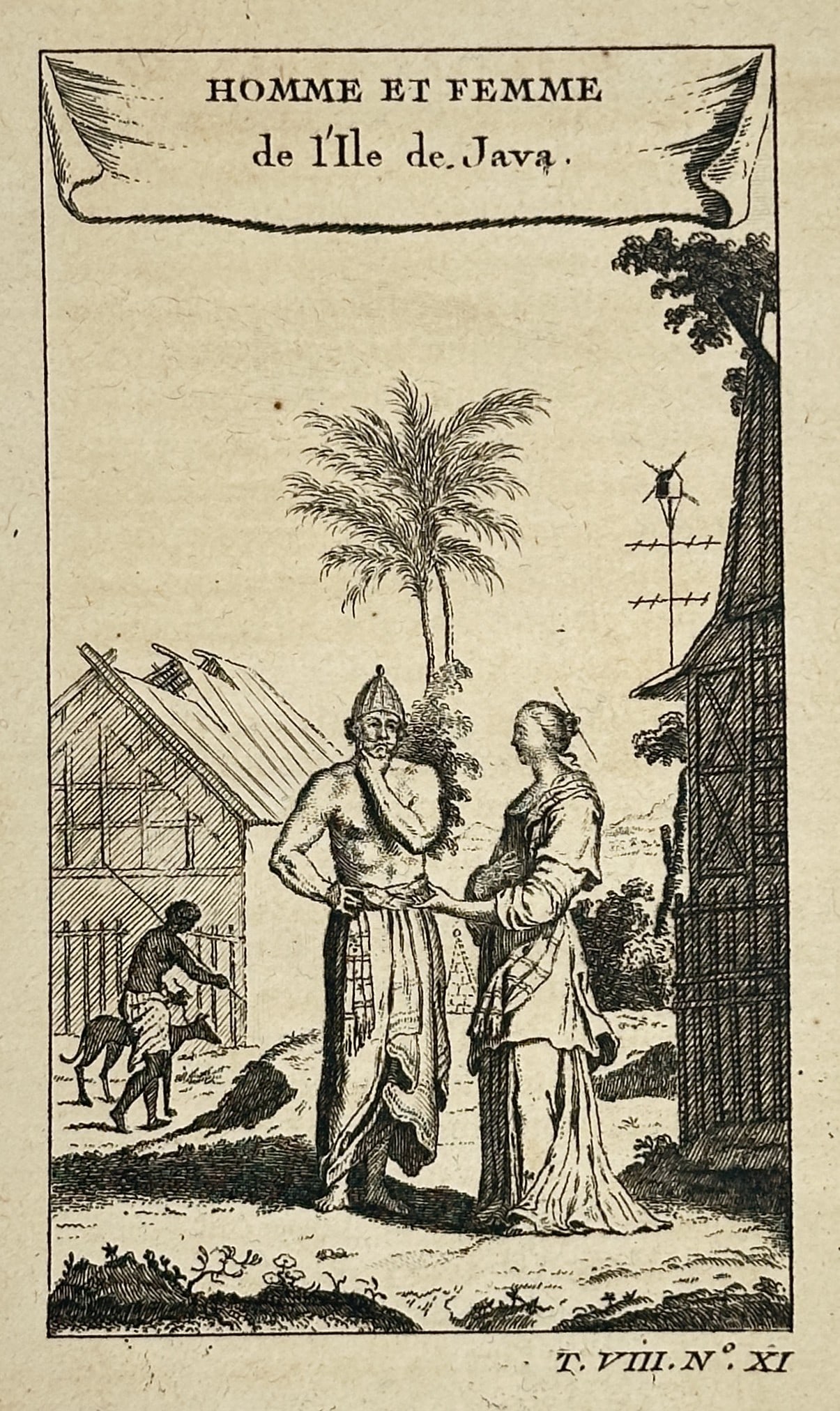 Antoine François Prévost – Man and Woman of the Island of Java – Engraving (Circa 1750): This ethnographic vignette, titled Homme et Femme de l'Isle de Java (Man and Woman of the Island of Java), depicts two figures, presumably a local man and woman, standing in traditional attire in a vi
