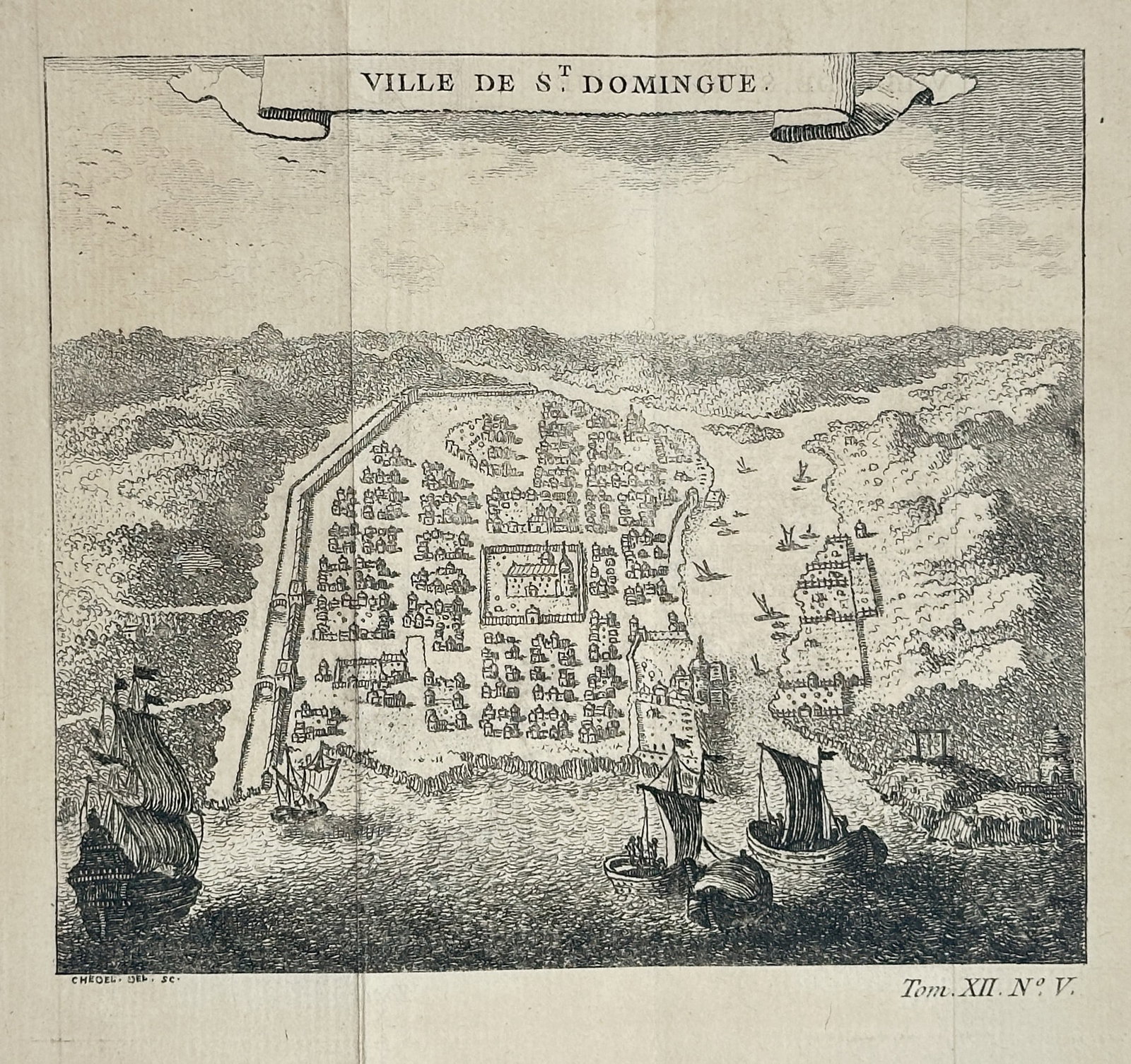 Antoine François Prévost – City of Santo Domingo – Engraving (Circa 1754): This detailed topographical view, titled City of Santo Domingo, illustrates a bird's-eye perspective of the fortified and walled city of Santo Domingo on the island of Hispaniola (now the Dominican Re