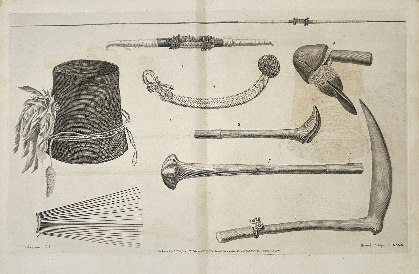 James Cook – Weapons and Utensils of the Inhabitants of New Caledonia – Engraving (1784): This detailed ethnographic plate illustrates a variety of artifacts, weapons, and tools, collectively titled Armes et Utensiles des Habitans de la Nlle. Calédonie (Weapons and Utensils of the Inhabit