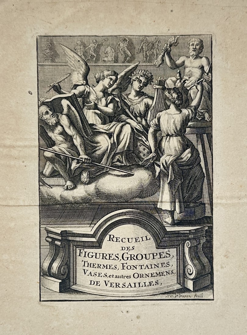 Cornelis Galle I – Collection of Figures and Ornaments of Versailles – Engraving (Circa: This highly detailed engraving is an allegorical frontispiece or title page for a compilation of images of the famous French royal garden sculptures. The central vignette features a dense arrangement