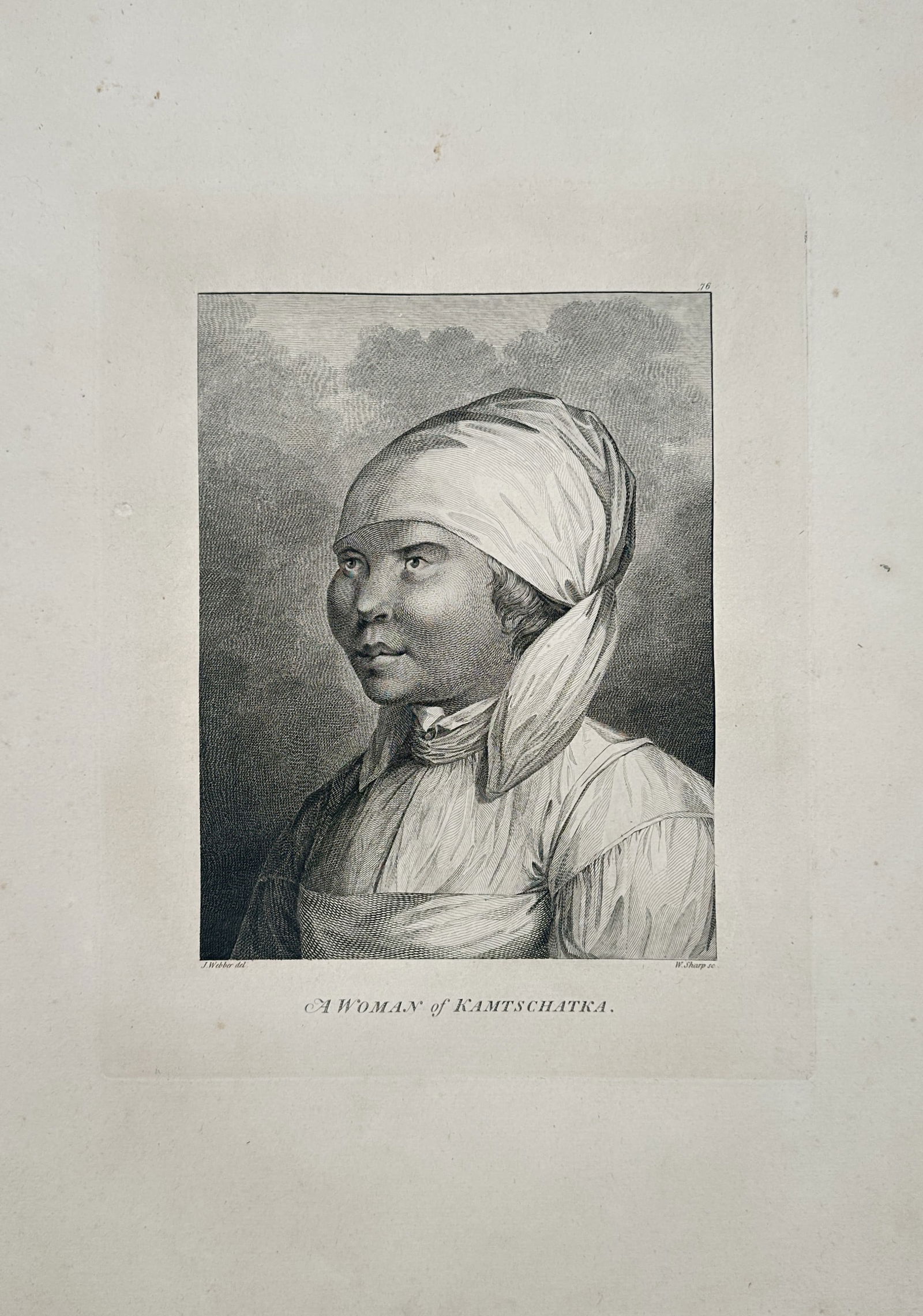 John Webber (1751–1793) – A Woman of Kamtschatka – Large Folio(1784): This engraving is a bust-length portrait titled A Woman of Kamtschatka, depicting a figure wearing a headdress and layers of winter clothing. The individual looks directly forward, and the background