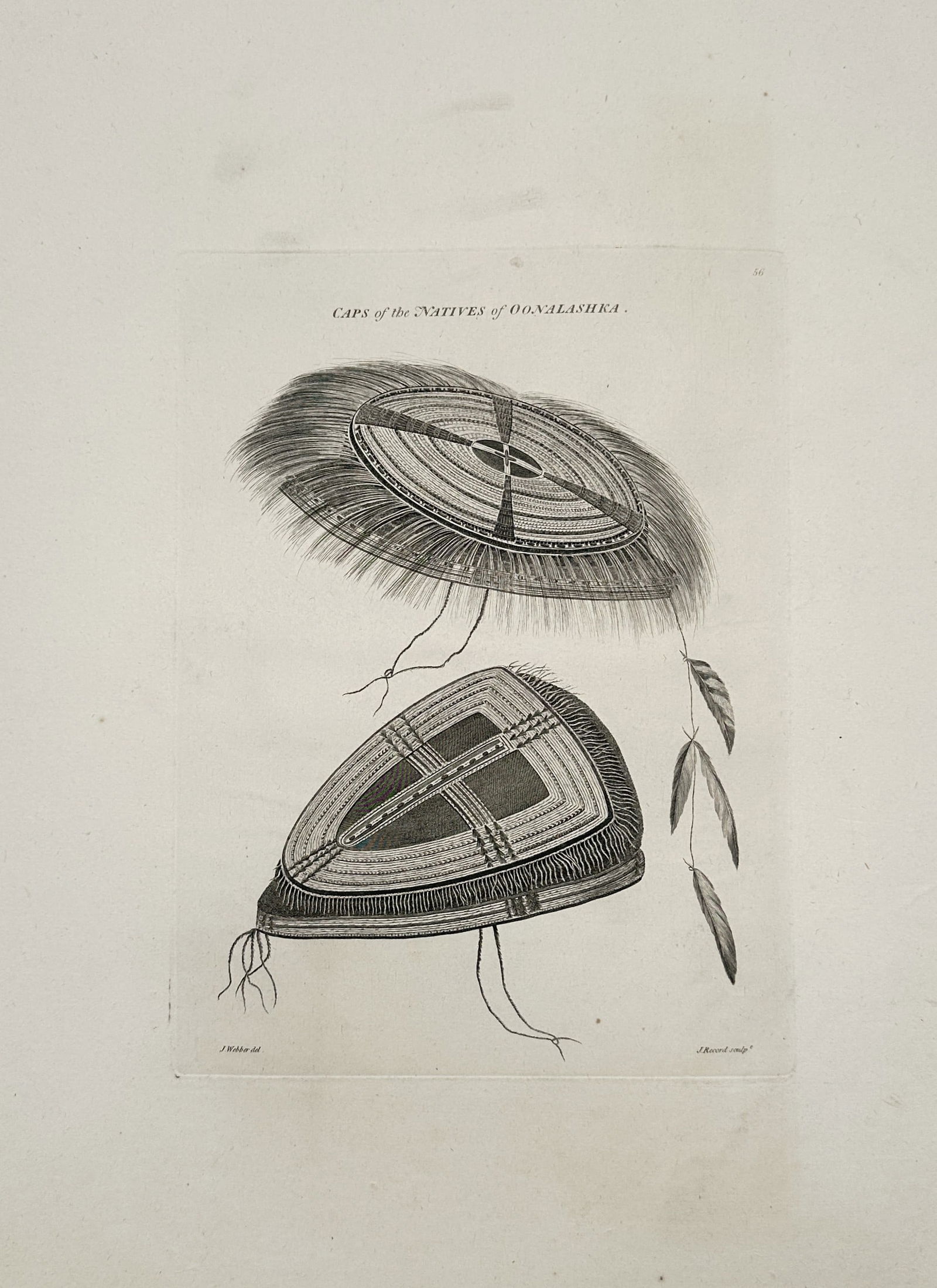 John Webber (1751–1793) – Caps of the Natives of Oonalashka – Large Folio(1784): This detailed ethnographic plate features two forms of meticulously patterned headwear, titled Caps of the Natives of Oonalashka. The upper cap is oval-shaped and decorated with what appears to be whi