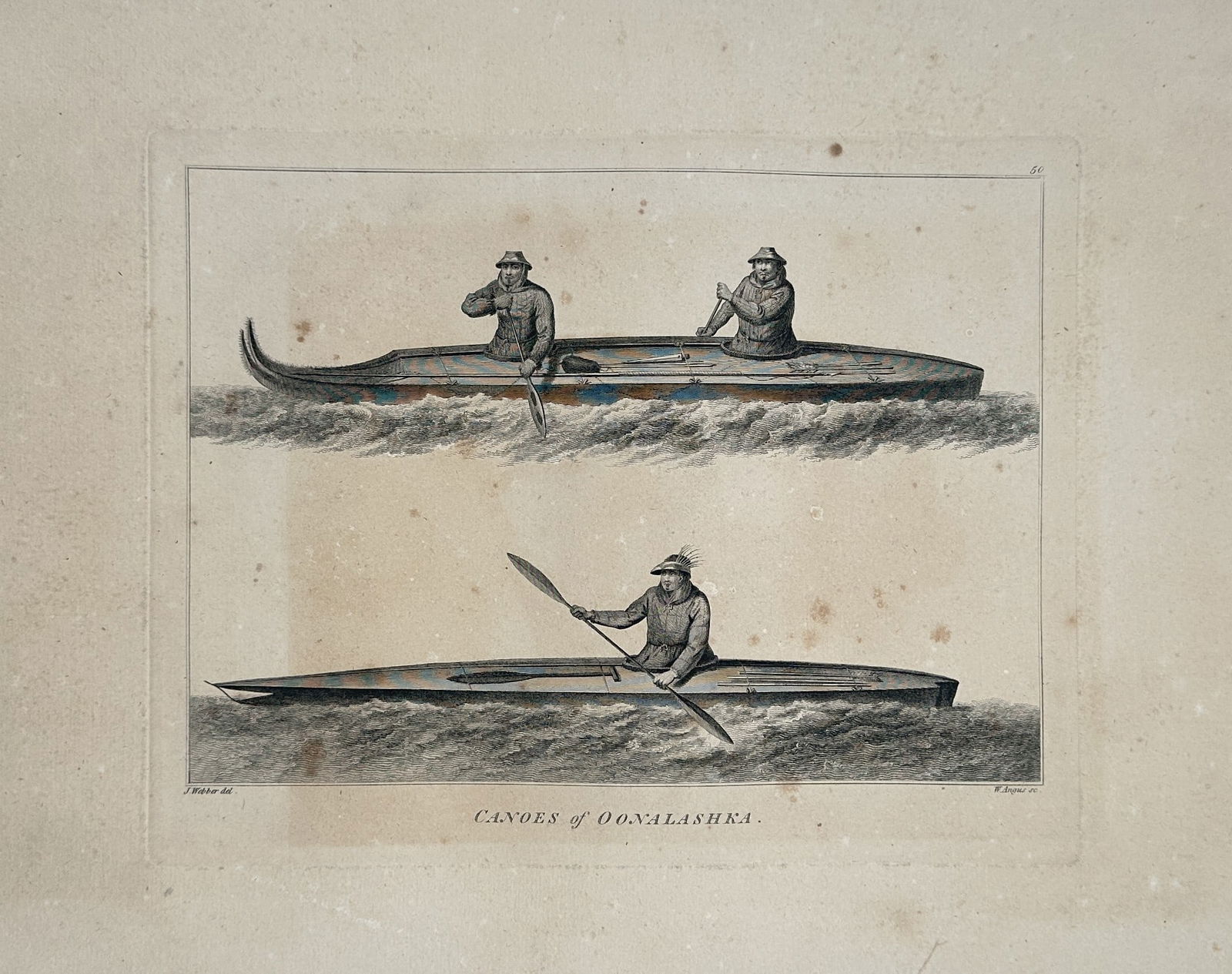 John Webber (1751–1793) – Canoes of Oonalashka – Large Folio (1784): This illustrative engraving, titled Canoes of Oonalashka, depicts two distinct styles of indigenous watercraft, known as kayaks (bidarkas). The upper view shows a double-man kayak with two figures pad