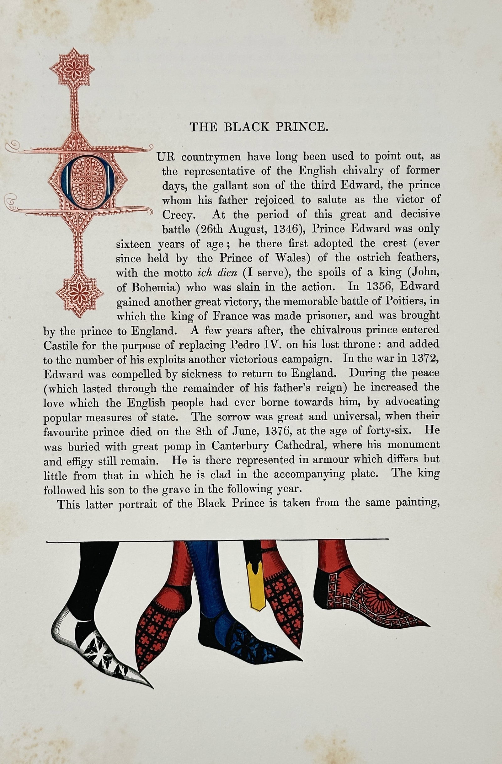 Henry Shaw – The Black Prince (and Medieval Footwear) – Wood-engraving and Chromoxylograph: This plate presents the historical account of Edward, the Black Prince (1330–1376), including the origin of his motto. The text is adorned with a decorative initial letter, and the page is illustrat