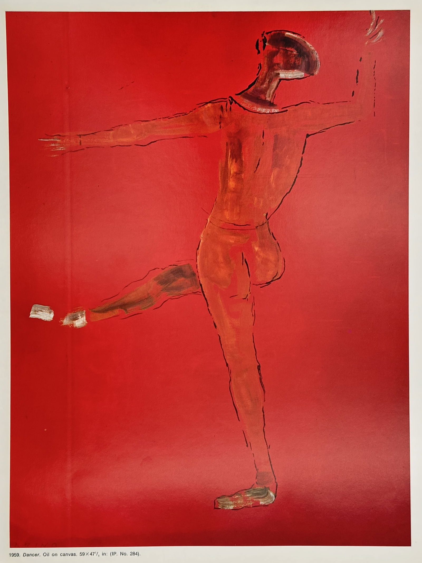 Marino Marini, after – Dancer – Offset print (20th Century): This offset print reproduces a striking, full-length figurative painting of a Dancer in a dynamic, outstretched pose, set against an intense red background. The dramatic coloring and simplified, expre