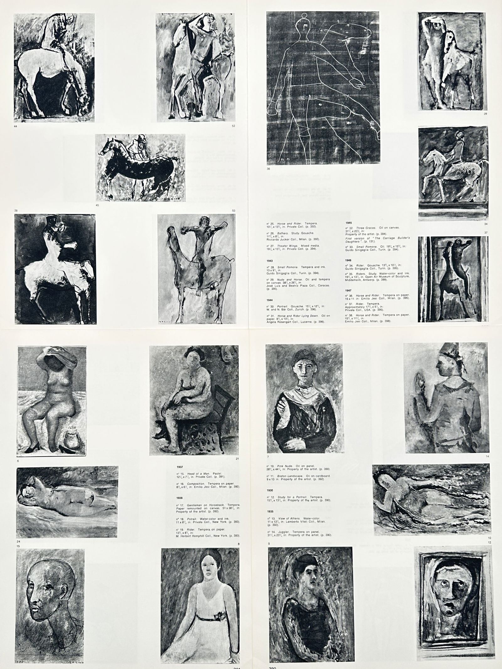 Marino Marini, after – Composite Page of Drawings and Studies – Offset print (20th Century): This offset print is a composite page displaying numerous small-scale black-and-white reproductions of Marino Marini's drawings, lithographs, and sculptures, primarily dating from the 1940s and 1950s.