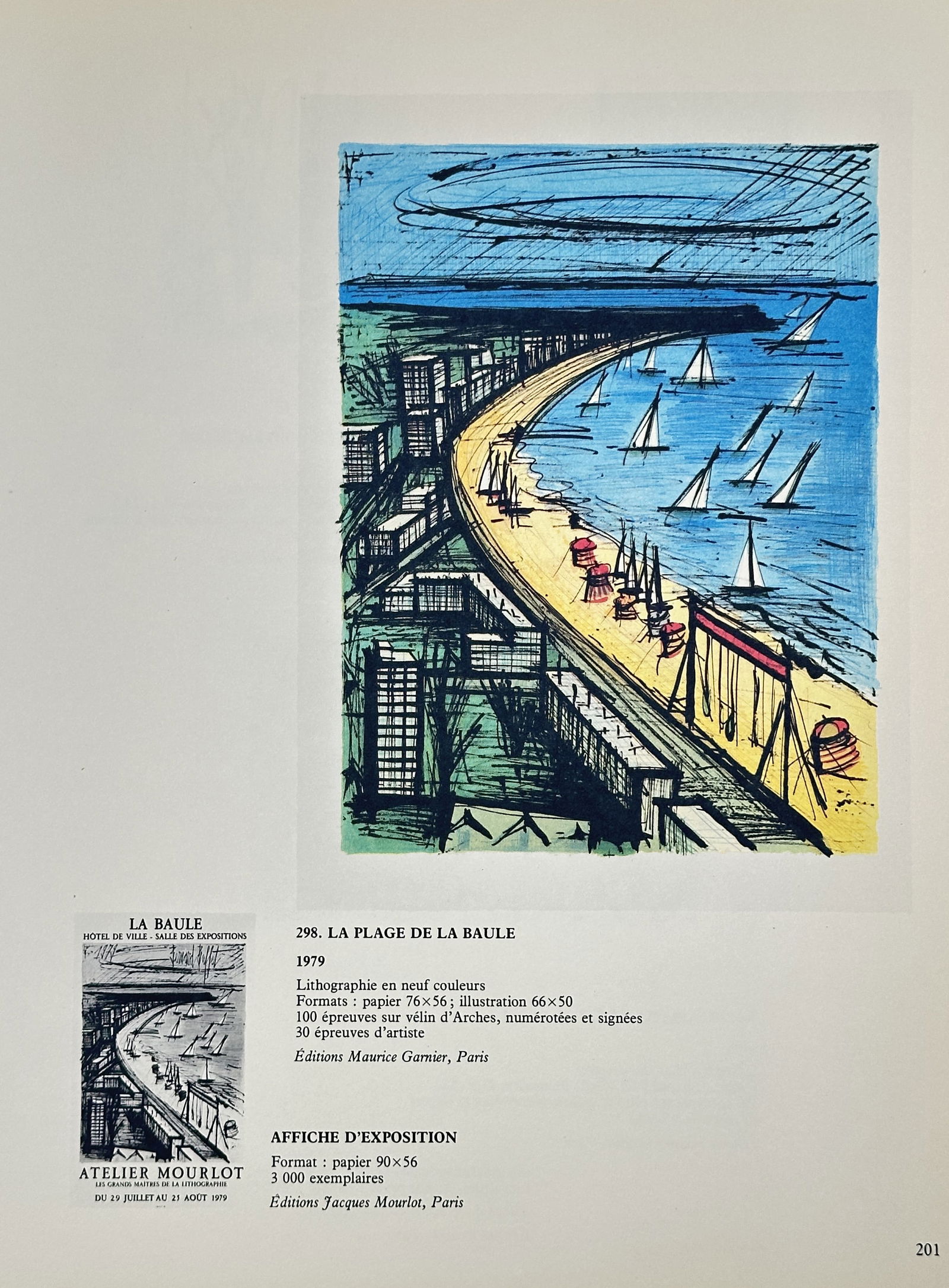 Bernard Buffet, after – The Beach of La Baule – Offset print (20th Century): This offset print reproduces a color lithograph titled The Beach of La Baule, originally created in 1979. The scene depicts a dramatic view of the curving seaside promenade and bay of the French resor