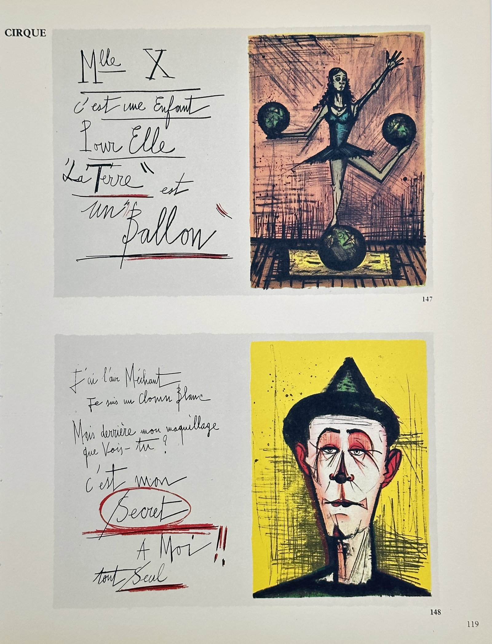 Bernard Buffet, after – Mlle X (Acrobat) and White Clown (from Cirque) – Offset print (20th: This offset print reproduces original drawings from the artist's Cirque (Circus) series. The top image features Mlle X, an acrobat balancing on spheres, illustrating the text where The Earth "is a Bal