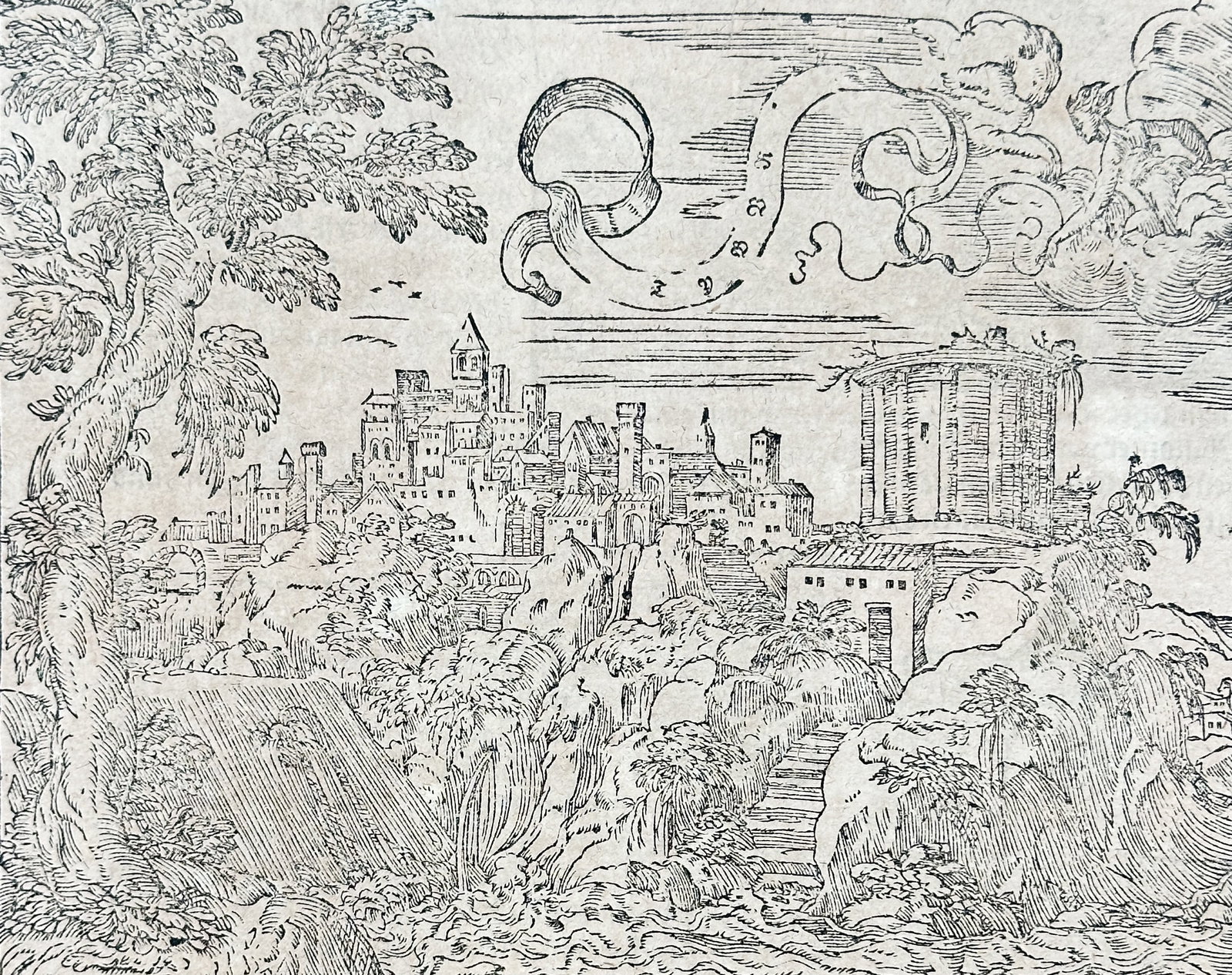 Sebastian Münster – City Scene with Figures and Celestial Canopy, from Das Ander Buch – Woodcut: This folio leaf is a print from the influential work Cosmographia, featuring German text from The Second Book and a large, detailed woodcut illustrating a historical or regional scene. The image depic