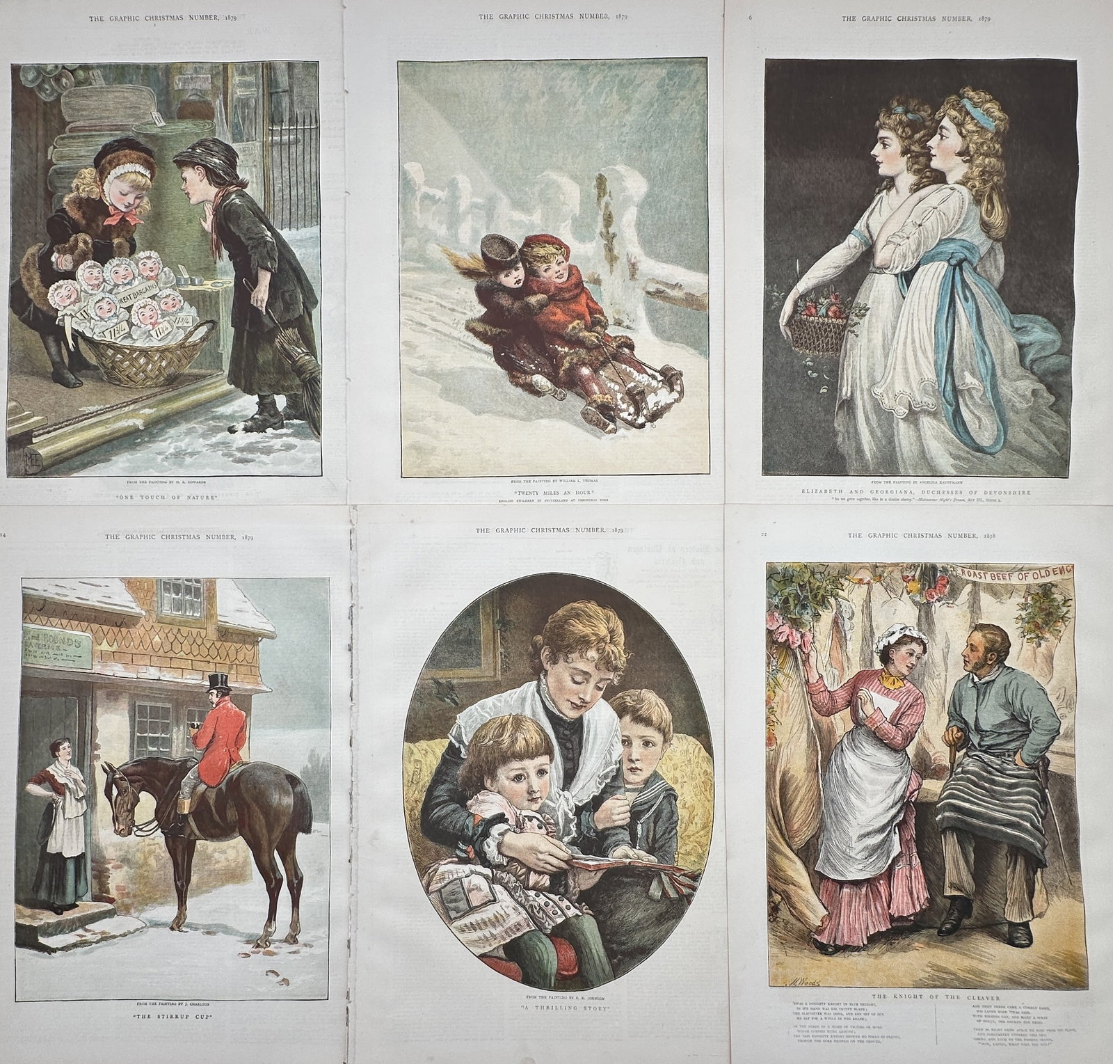 The Graphic – Set of 6: Scenes from the Christmas Number – Colour wood engraving (1878): This Set of 6 colour wood engravings features various narrative and genre scenes of Victorian life, including "The Voice of Pity," "The Fun of the Fair," "A Friendly Call," and "A Precious Burden." Th