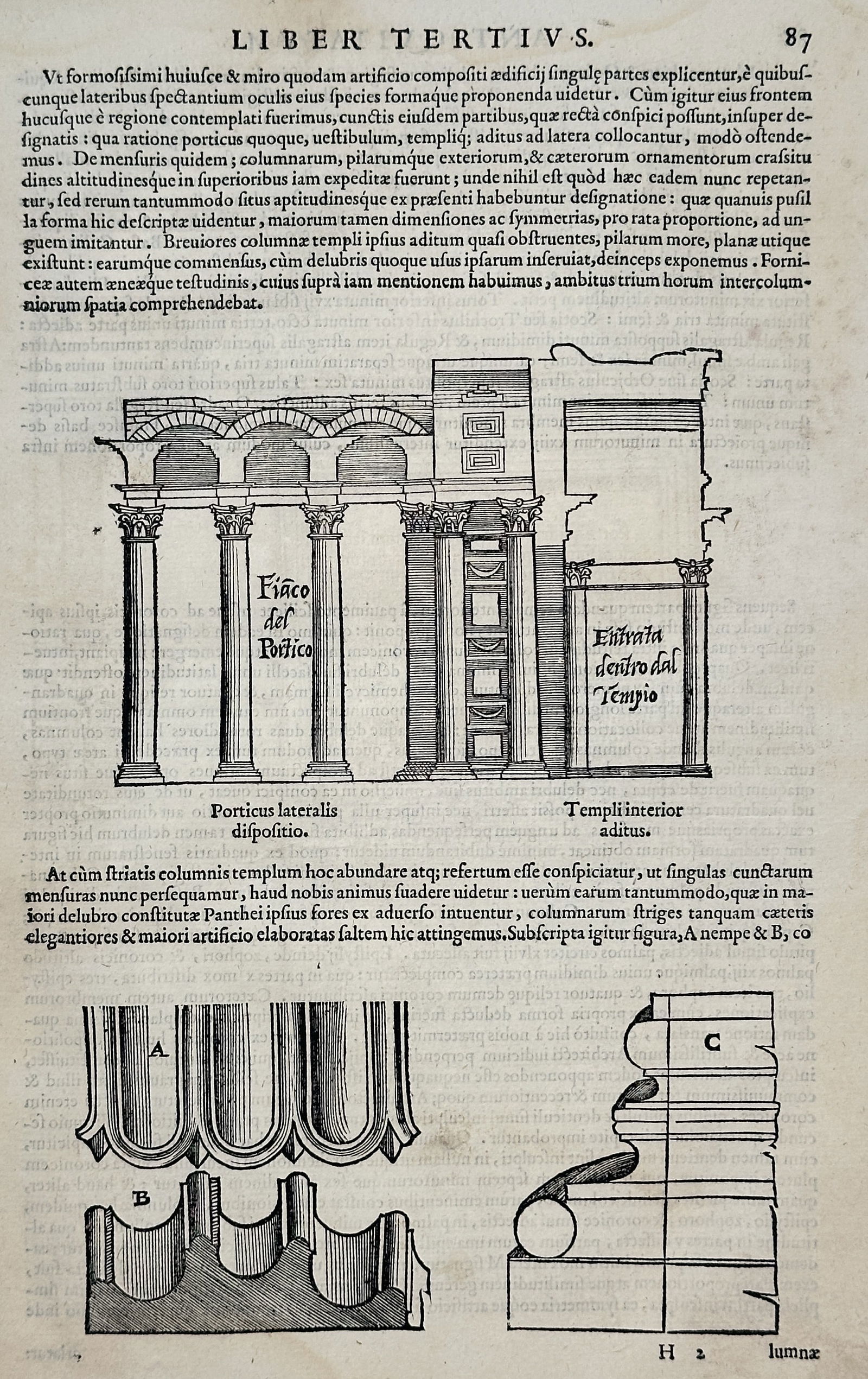 Andrea Palladio – Illustration of Temple Interior and Architectural Details – Woodcut (1570) (1 of 2)