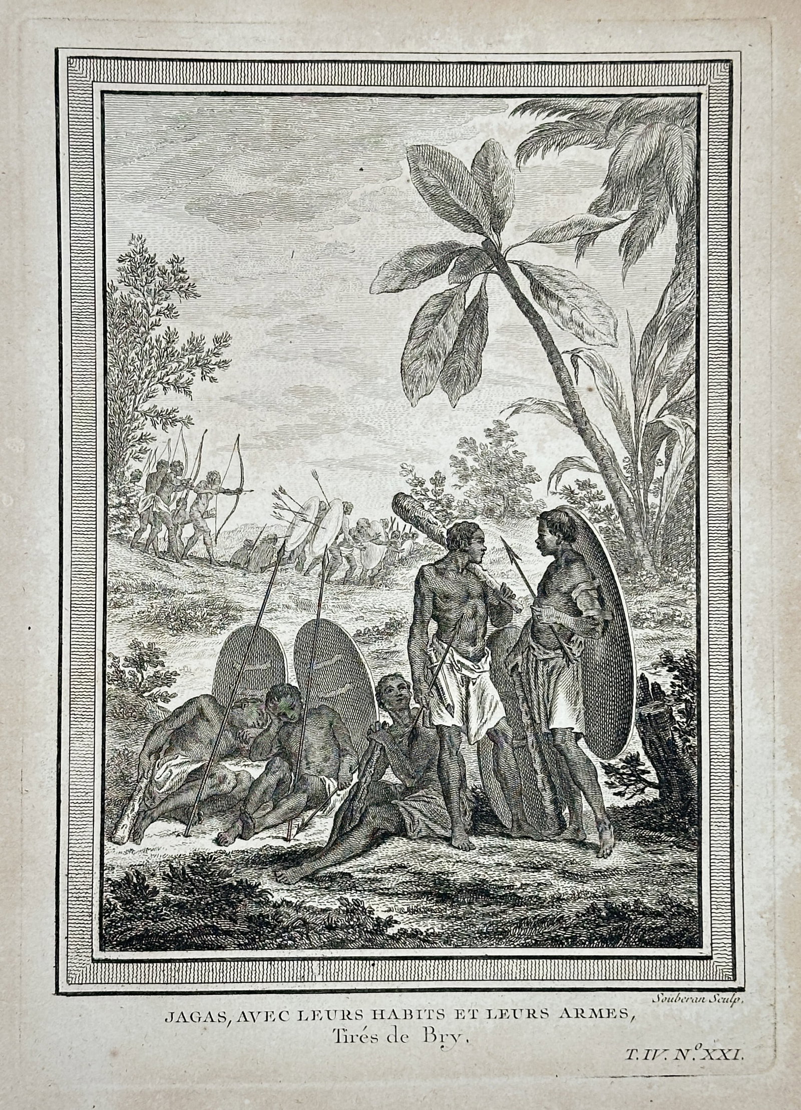 Antoine François Prévost – Jagas, with their Clothing and Weapons (Drawn from Dapper) –: This ethnographic print, titled Jagas, avec leurs Habits et leurs Armes (Jagas, with their Clothing and Weapons), depicts a group of indigenous people in a tropical setting, armed with spears and shie