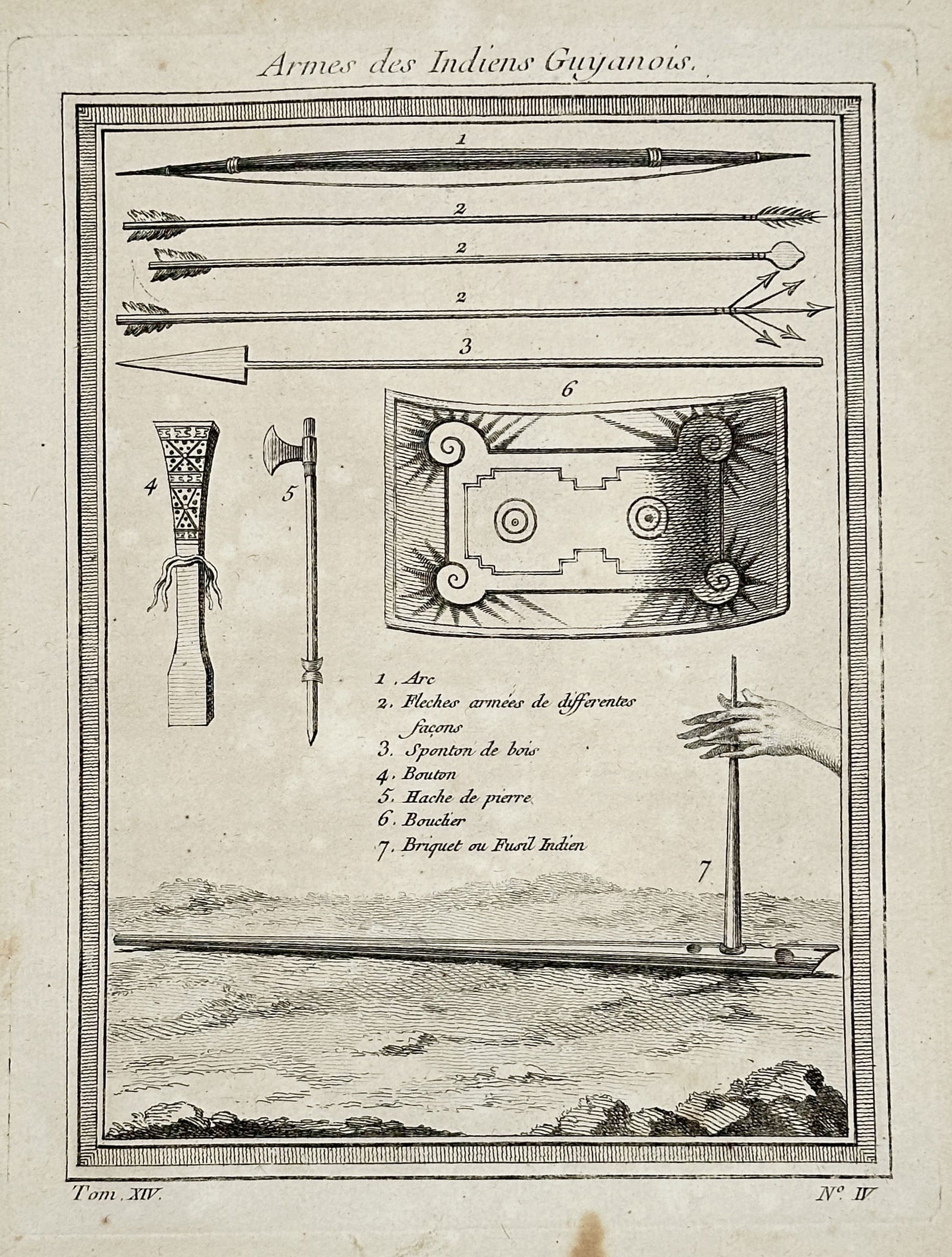 Antoine François Prévost – Arms of the Guianese Indians – Engraving (Circa 1756): This detailed ethnographic and tool diagram, titled Armes des Indiens Guianois (Arms of the Guianese Indians), illustrates the weaponry and implements of the indigenous peoples of Guiana (Guianas/Sout