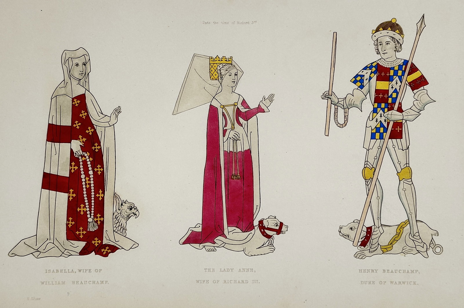 Henry Shaw – Isabella, The Lady Anne, and Henry Beauchamp – Hand-coloured lithograph (1843): This color plate features three full-length figures representing members of the English nobility from the late Middle Ages, presented in profile against a blank background. From left to right, the fig