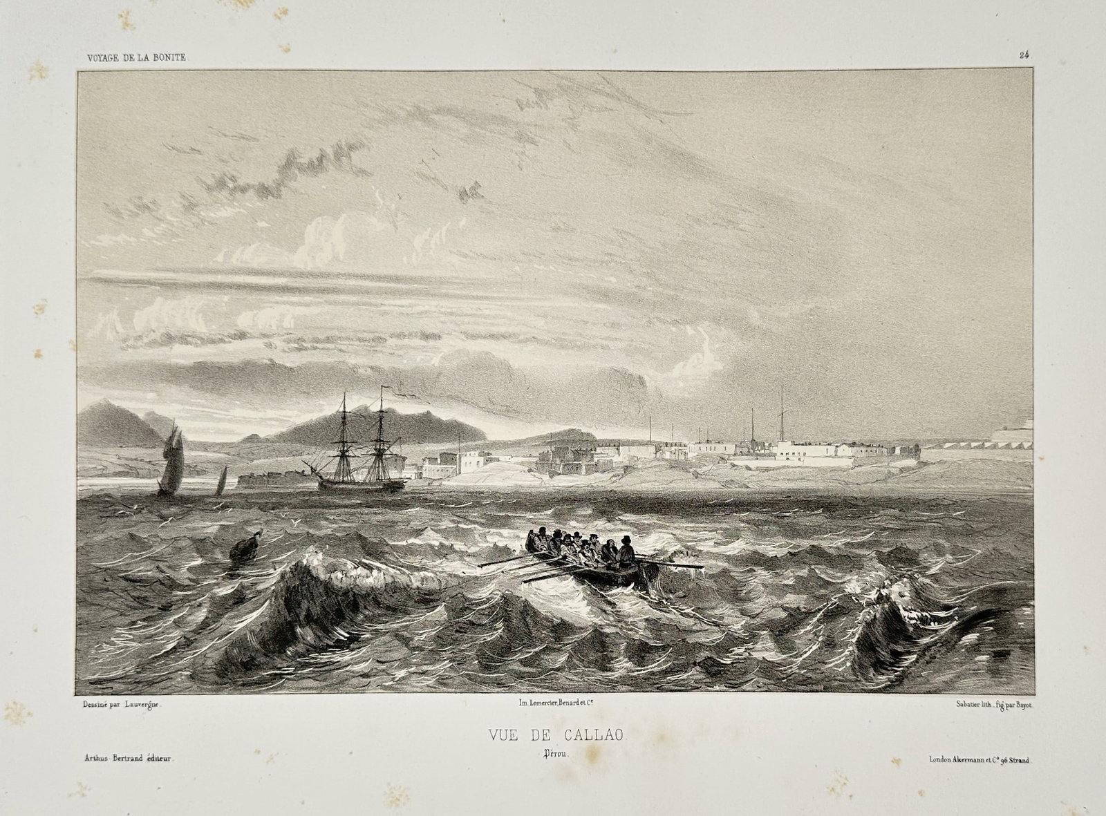 Barthélémy Lauvergne – View of Callao (Peru) – Lithograph (Circa 1845): This dramatic topographical print, titled Vue de Callao (View of Callao), captures the port city of Callao, Peru, from the rough waters of the bay. The scene is dominated by heavy seas in the foregrou