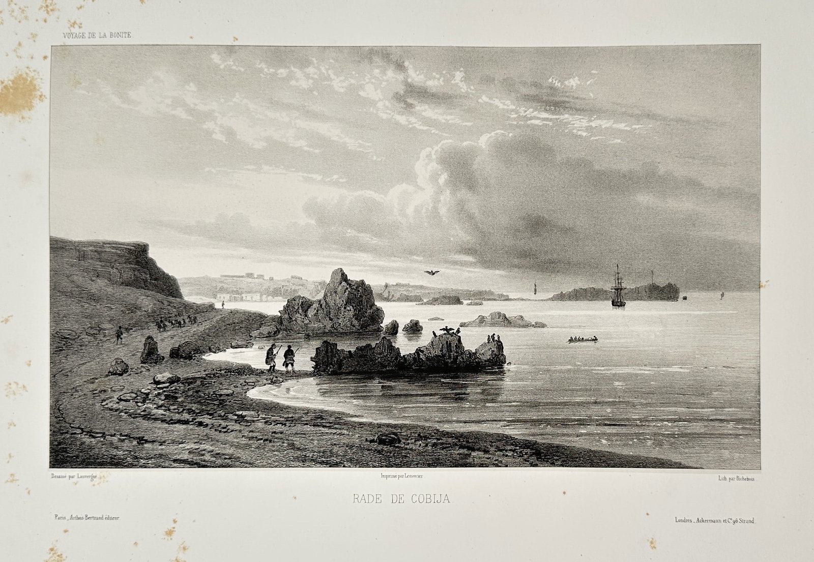 Barthélémy Lauvergne – Roadstead of Cobija (Bolivia) – Lithograph (Circa 1845): This panoramic topographical print, titled Rade de Cobija (Roadstead of Cobija), illustrates the bay and distant settlement of Cobija, Bolivia (which historically included this coastal region, now par