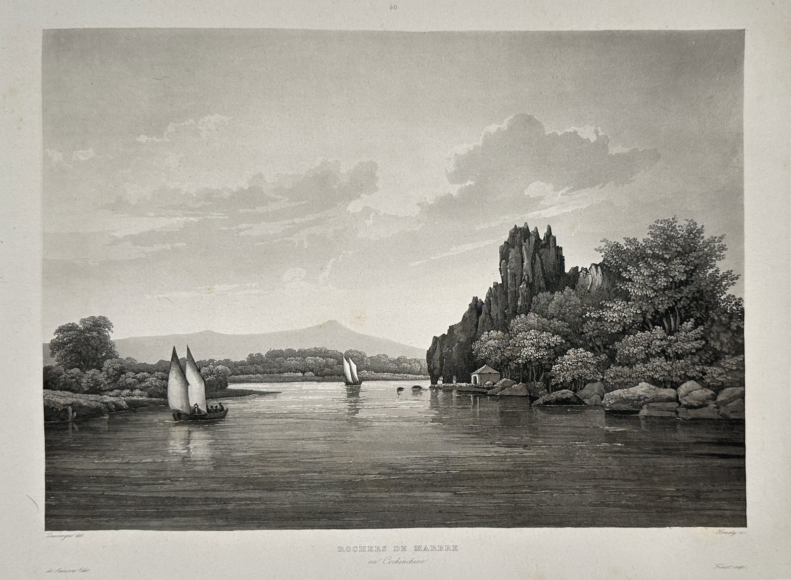 Barthélémy Lauvergne – Rocks of Marboe and Châteaugay (Auvergne) – Engraving (Circa: This detailed topographical engraving, titled Rochers de Marboe et Chateaugay (Rocks of Marboe and Châteaugay), depicts a romantic and picturesque river landscape. The scene is dominated by dramatic,