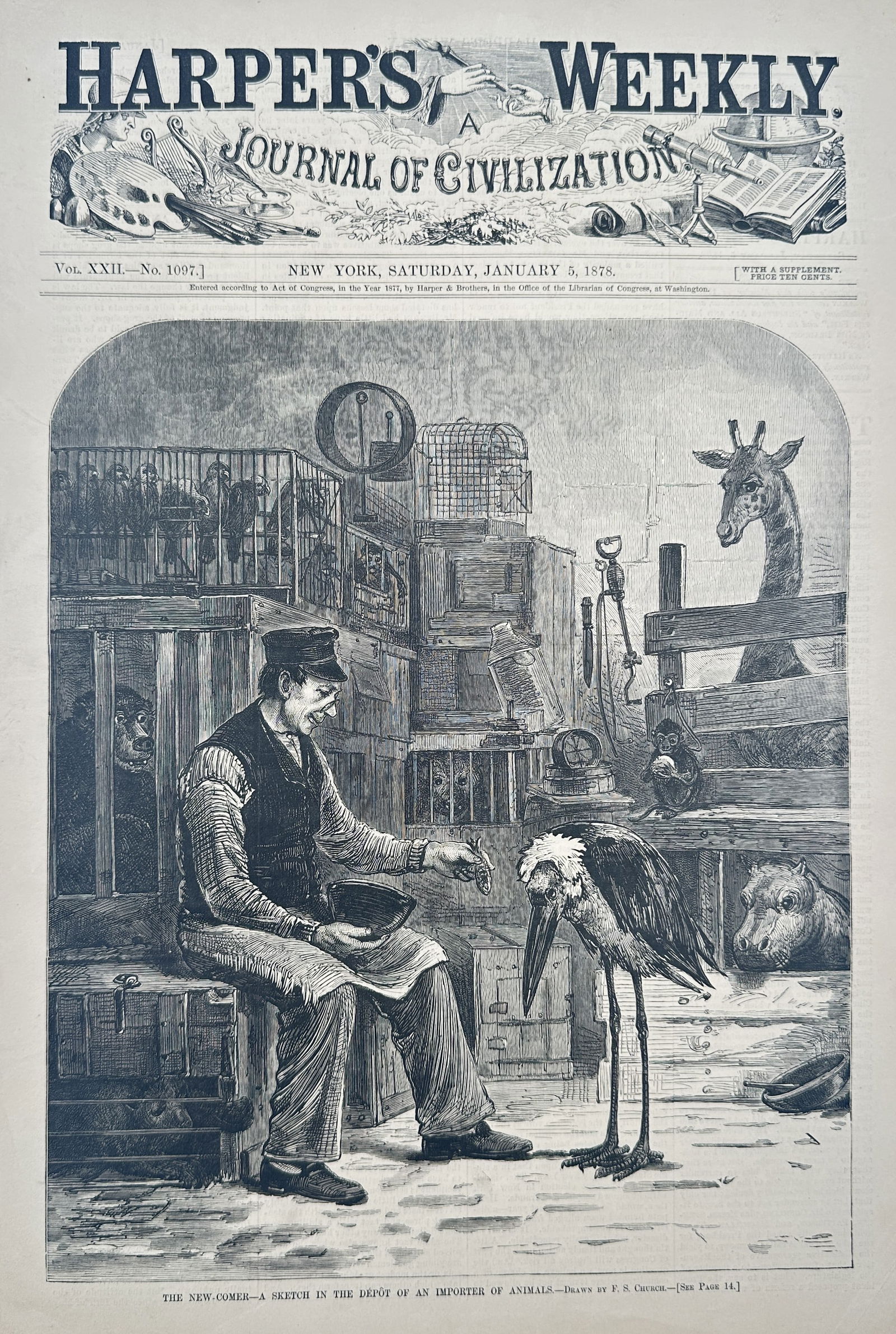 Thomas Nast – The Sun-Goad: A Sketch in the Grotesque of Animal-Life – Wood engraving (1878): This dramatic genre scene, titled The Sun-Goad: A Sketch in the Grotesque of Animal-Life, depicts a seated man inside an animal shelter, interacting with a tall, long-legged Stork or Marabou Stork. Th