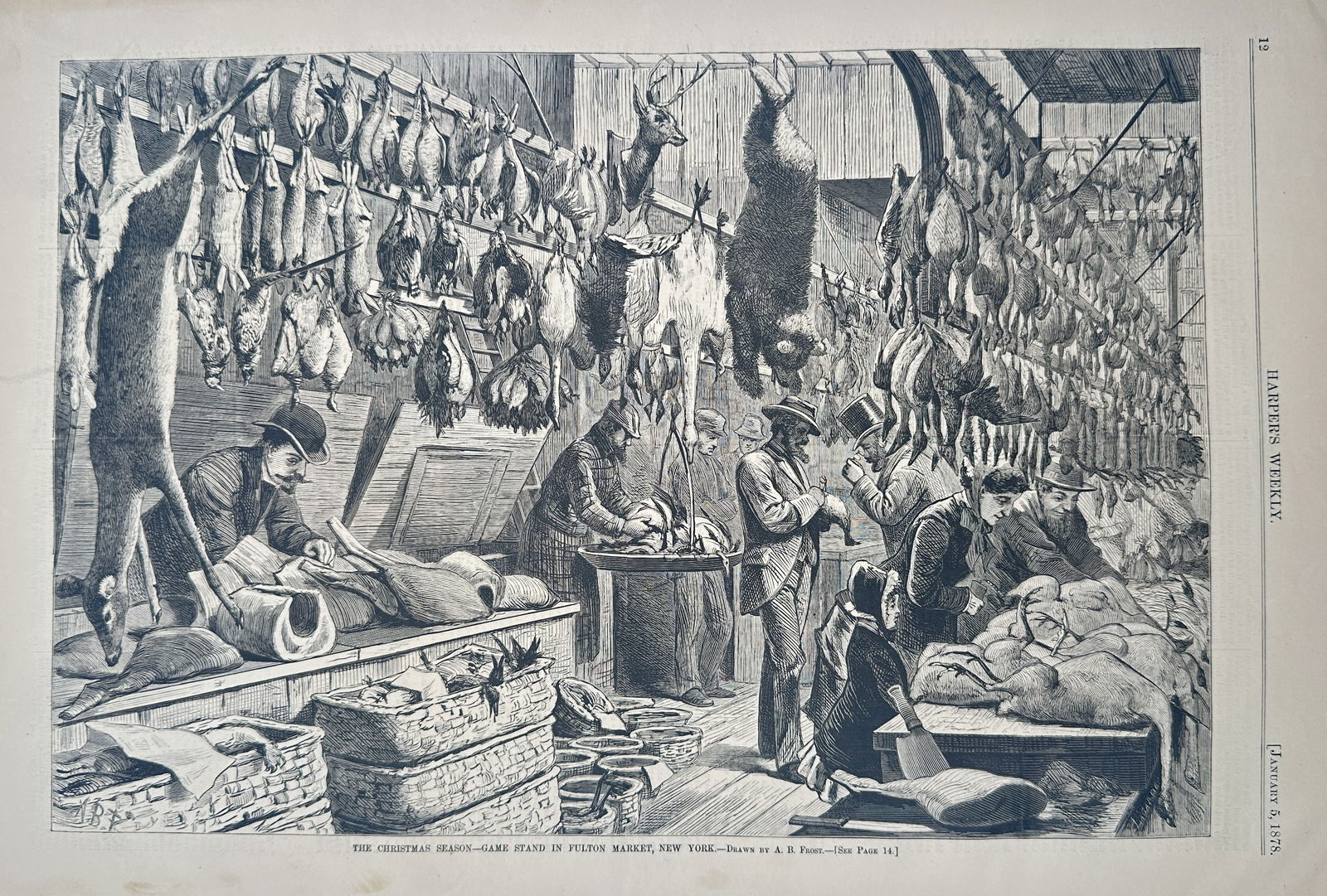 Thomas Nast – The Oyster-Shop in Fulton Market, New York – Wood engraving (1878): This bustling scene, titled The Oyster-Shop in Fulton Market, New York, depicts the interior of a crowded metropolitan fish and game market. The space is dense with activity and produce, including num