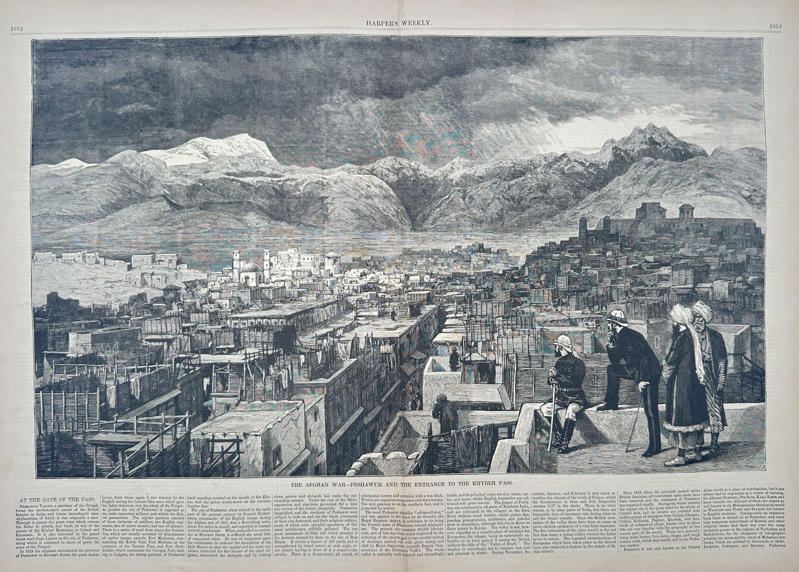 Thomas Nast – The Afghan War: Jellalabad and the Entrance to the Khyber Pass – Wood engraving: This dramatic double-page illustration, titled The Afghan War: Jellalabad and the Entrance to the Khyber Pass, presents a panoramic view of the fortified city of Jellalabad (Jalalabad) and the surroun