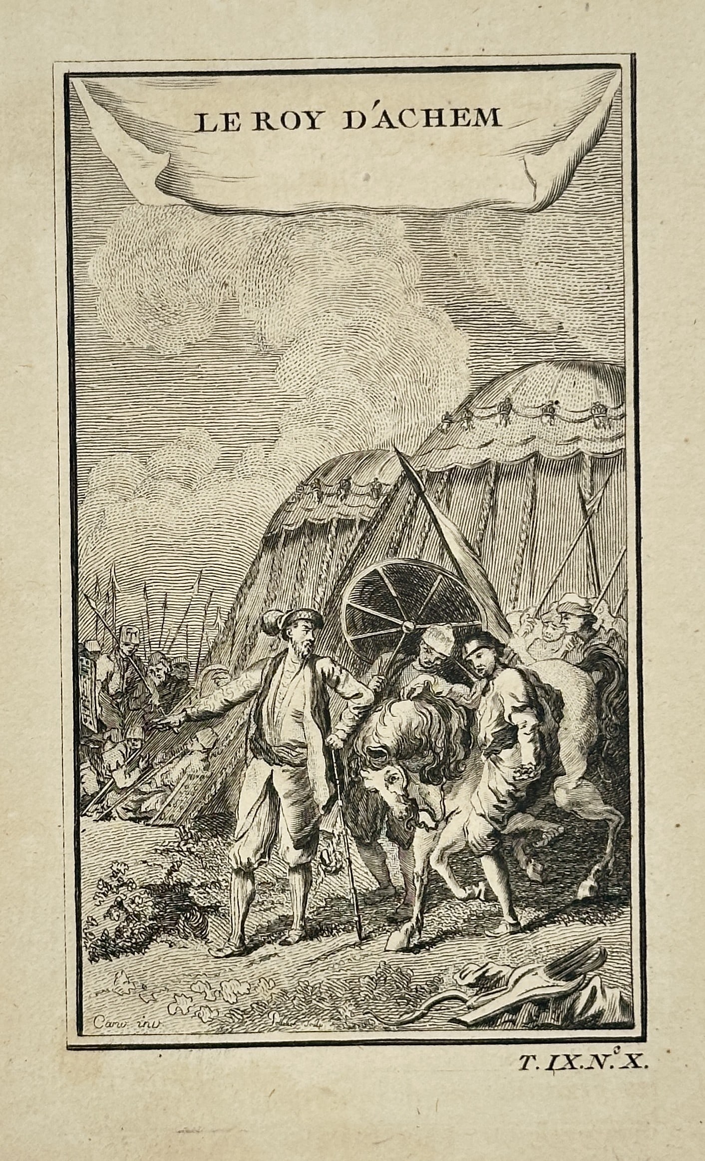 Antoine François Prévost – The King of Aceh – Engraving (Circa 1751): This ethnographic vignette, titled The King of Aceh (Le Roy d'Achem), depicts a sovereign figure in a scene of military or diplomatic exchange in a tropical setting. The central figure is dressed in l
