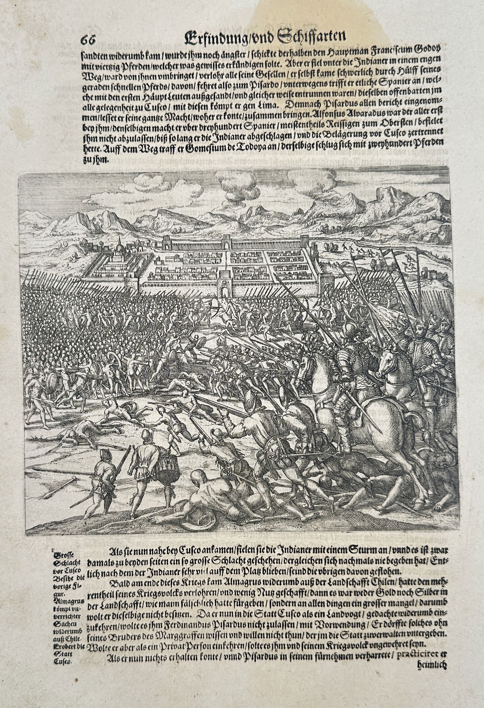 Theodor de Bry – Battle Between the Spanish and Indigenous People in Peru – Copper engraving (1 of 2)