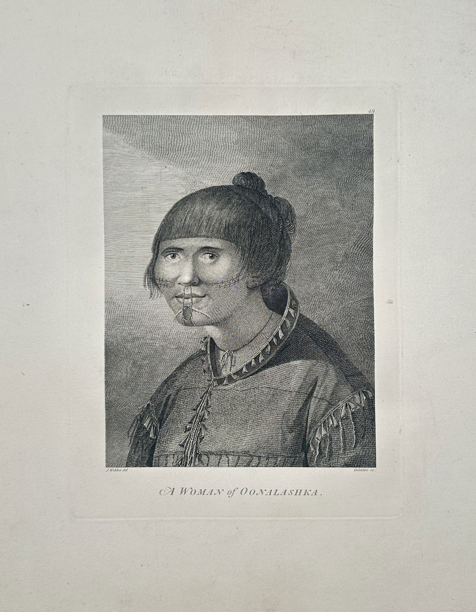 John Webber (1751–1793) – A Woman of Oonalashka – Large Folio (1784): This large folio engraving is an ethnographic portrait of an indigenous woman from Oonalashka (Unalaska), an island in Alaska. The subject is shown with characteristic features of the region's people,