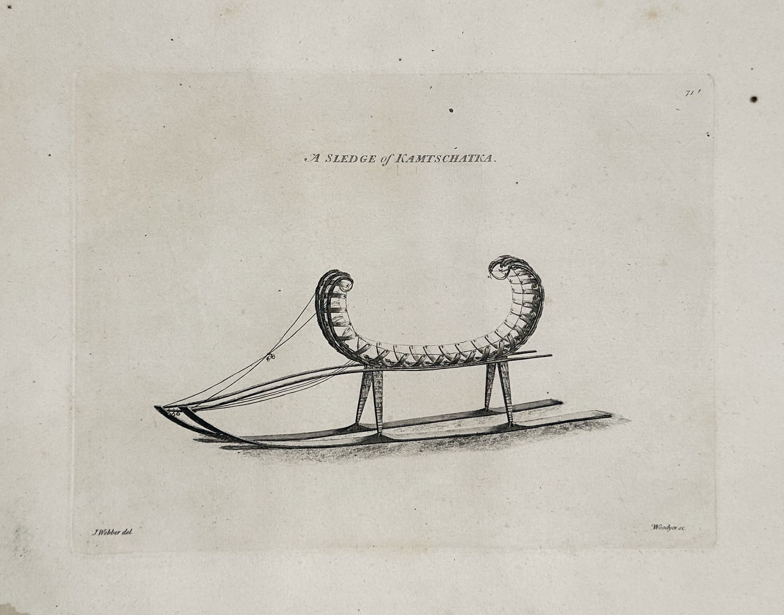 John Webber (1751–1793) – A Sledge of Kamchatka – Large Folio (1784): This large folio engraving depicts the characteristic design of a dog-drawn sledge used for winter travel in Kamchatka, Russia, where Captain Cook’s expedition stopped in 1779. The illustration high