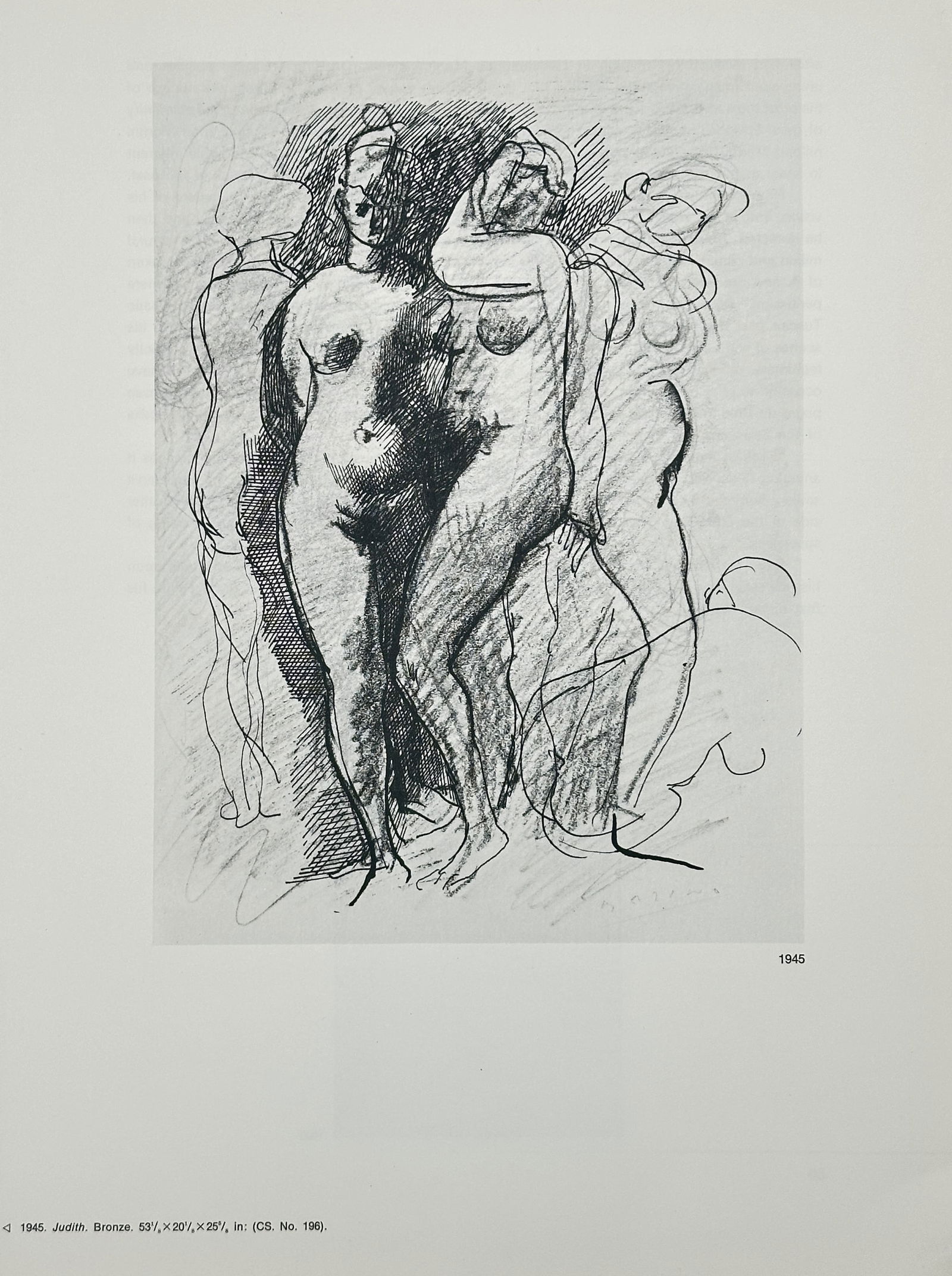 Marino Marini, after – Study for Judith (Two Nudes) – Offset print (20th Century): This offset print reproduces a vigorous black-and-white drawing, dated 1945, depicting two intertwined female figures rendered through expressive charcoal and linework. The image is a study for Marino