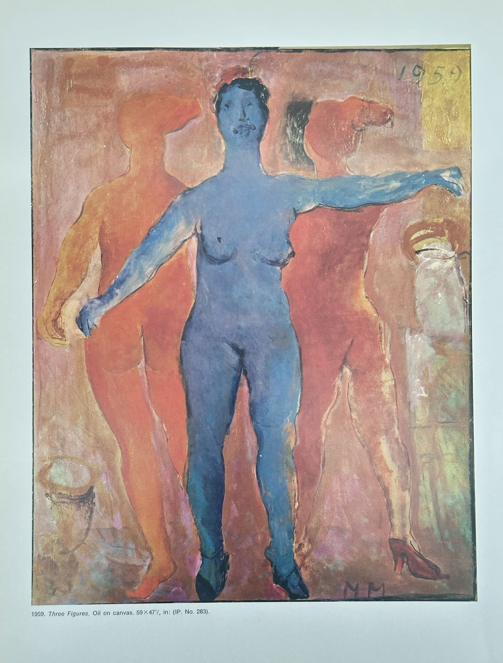 Marino Marini, after – Three Figures – Offset print (20th Century): This offset print is a color painting, titled Three Figures, originally created in 1959. The composition is dominated by three standing nude figures, with the central figure rendered dramatically in b