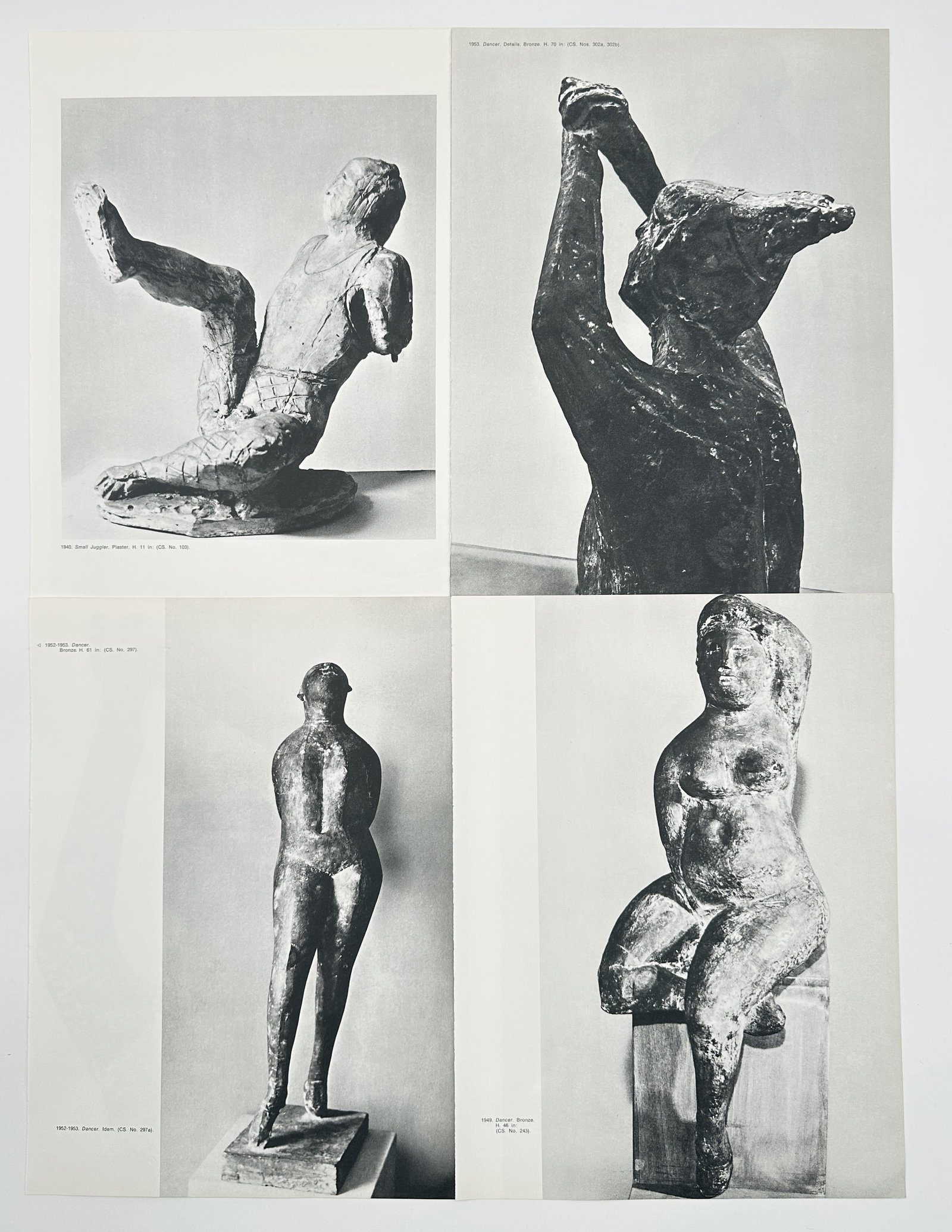Marino Marini, after – Sculptural Studies (Juggler, Warrior, Nude, and Pomona) – Offset print: This offset print documents various bronze and plaster sculptures by the artist, created between 1938 and 1948. The subjects include figures from his major themes: a seated Pomona (fertility figure), 