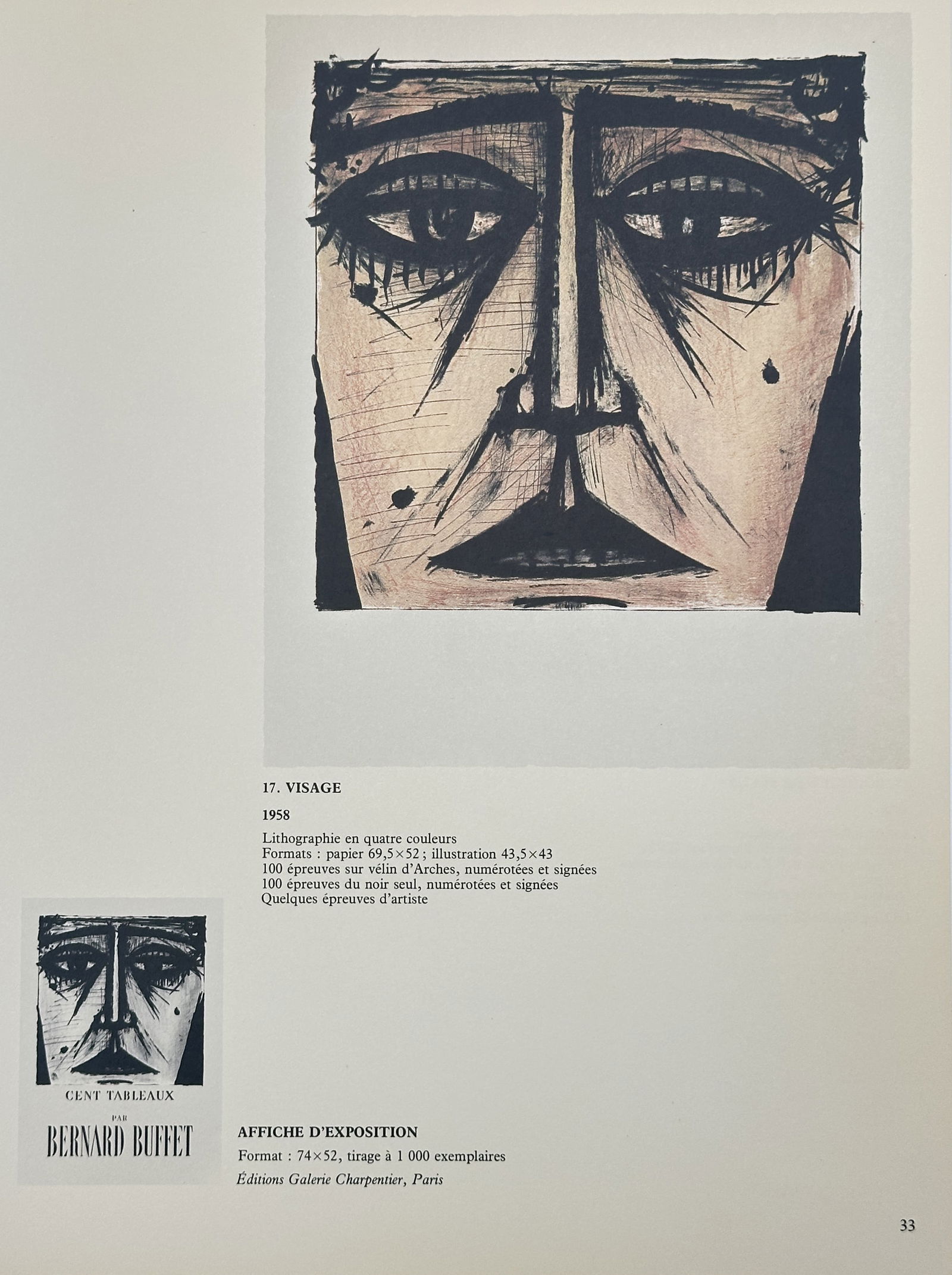 Bernard Buffet, after – Visage (Face) – Offset print (20th Century): This offset print documents a striking color lithograph, titled Visage (Face), originally created in 1958. The print is a close-up portrait of a severely stylized face, characterized by stark black ou