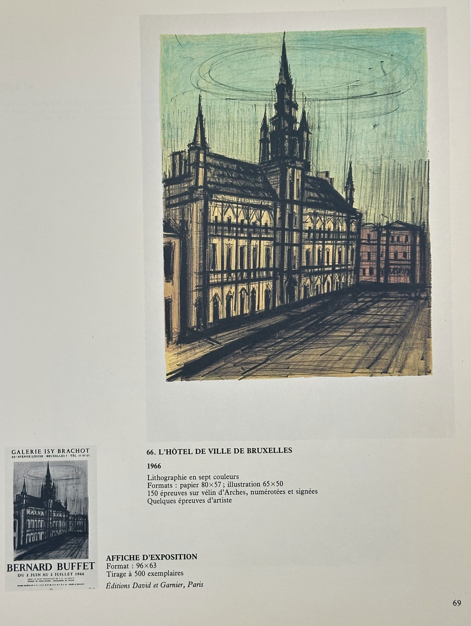 Bernard Buffet, after – The City Hall of Brussels – Offset print (20th Century): This offset print documents a color lithograph, titled The City Hall of Brussels, originally created in 1968. The dramatic architectural view of the famous Brussels landmark is defined by thin, sharp
