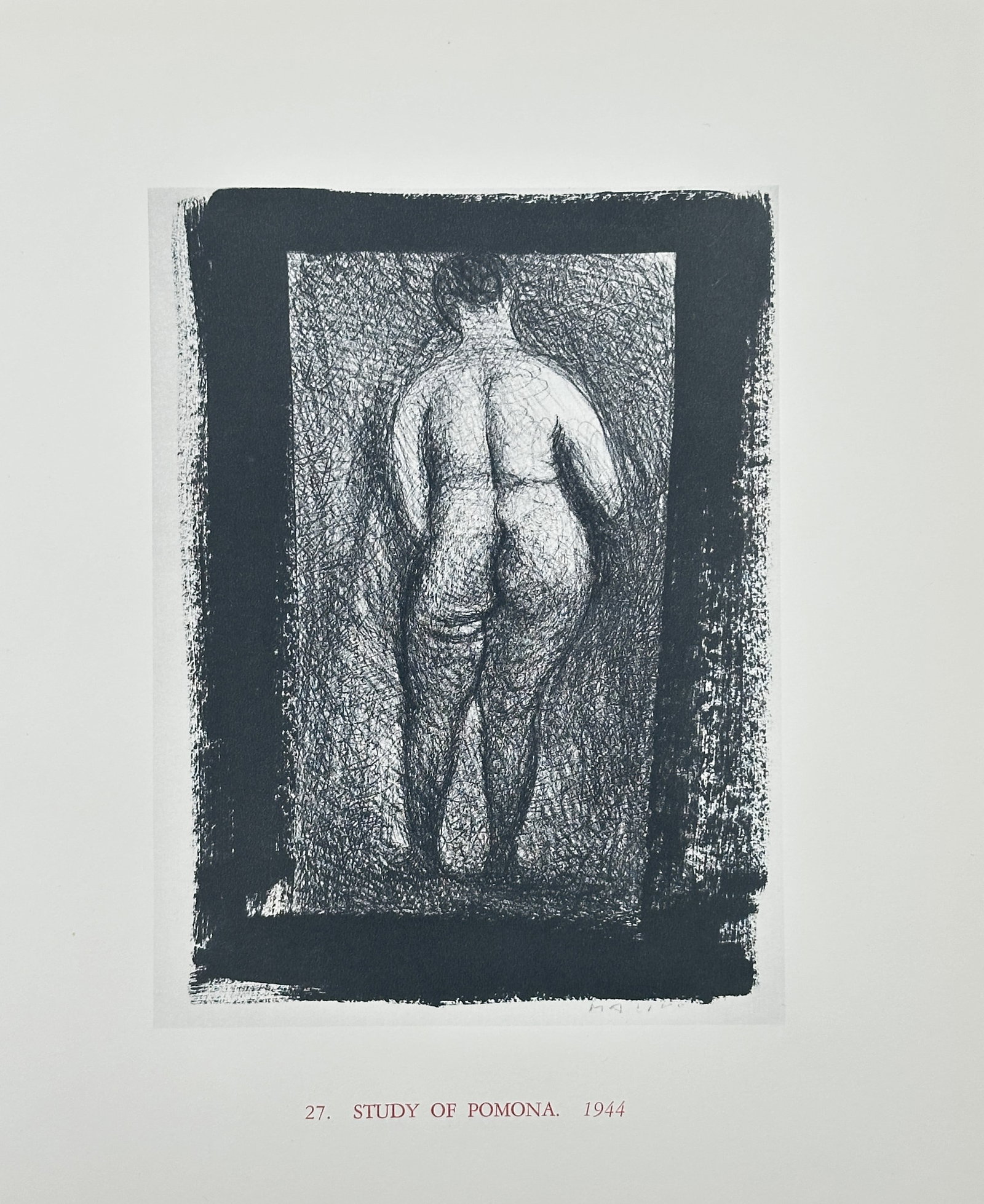 Marino Marini, after – Study of Pomona – Offset print (20th Century): This offset print documents an expressive drawing, titled Study of Pomona, originally executed in 1944. The figurative study captures a full-figured female nude viewed from the rear, rendered with den