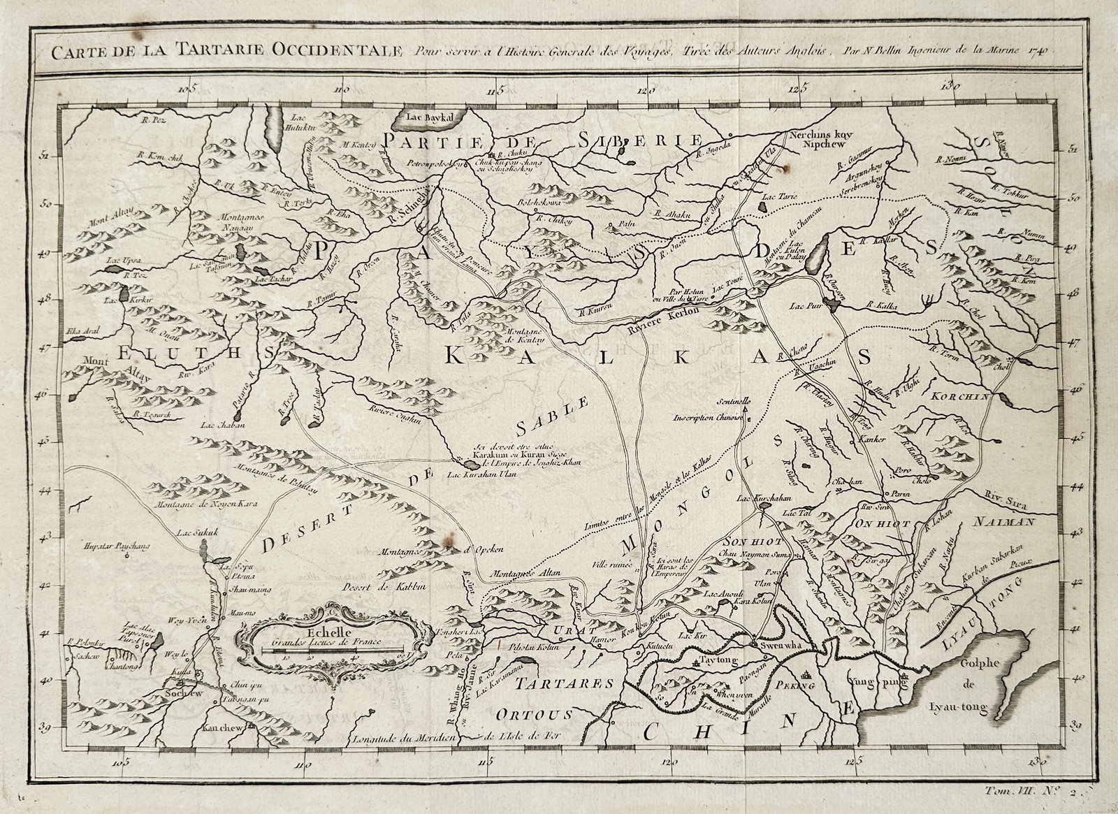 Jacques-Nicolas Bellin – Map of Western Tartary (Northeast Asia) – Copper engraving (Circa 1749): This copper engraving is an 18th-century map titled Carte de la Tartarie Occidentale (Map of Western Tartary). The map details a vast region of Central and Northeast Asia, including Part of Siberia, t