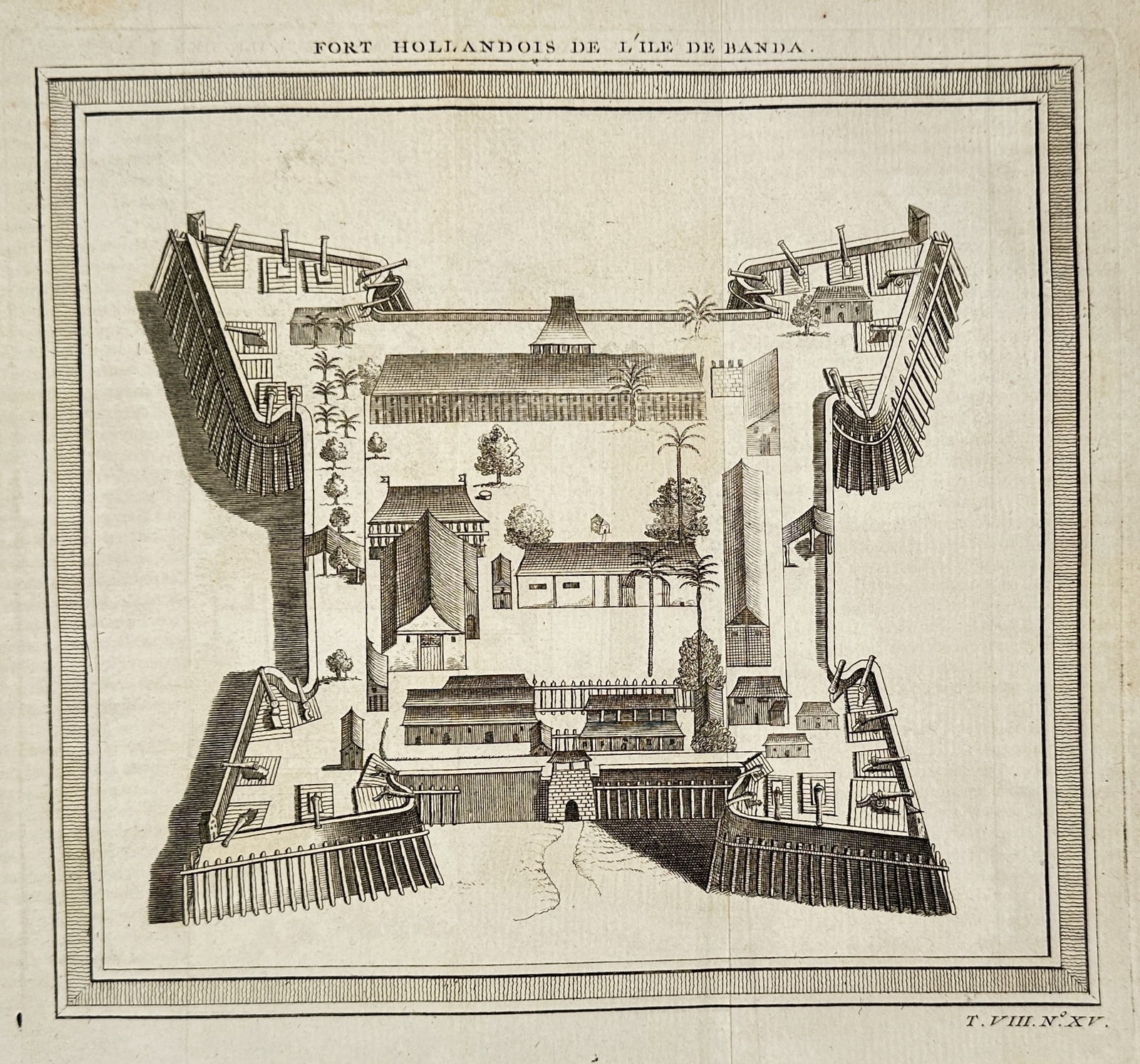 Antoine-François Prévost – Plan of the Dutch Fort of Banda Island – Copper engraving (Circa: This copper engraving is a detailed 18th-century architectural plan titled Fort Hollandois de l'Isle de Banda (Dutch Fort of Banda Island). The plan shows an aerial view of a typical Dutch military fo