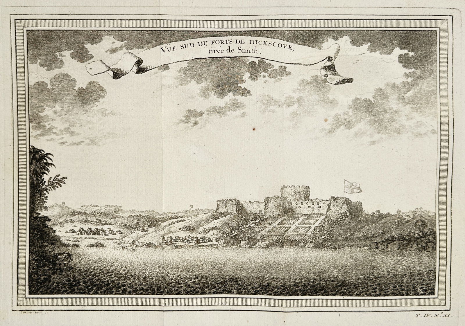 Antoine-François Prévost – Southeast View of Fort Bucks Cove – Copper engraving (Circa 1747) (1 of 2)
