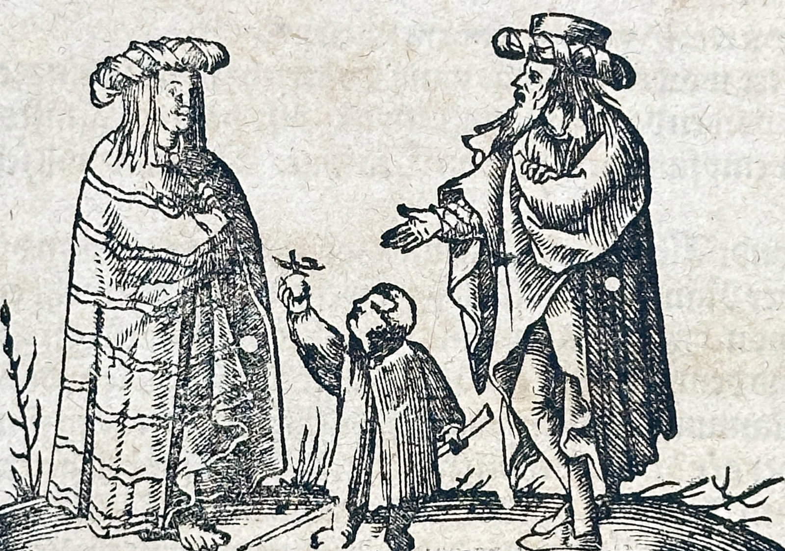 Sebastian Münster – Portraits of Danish Kings with Scenes of Local Costume, from Das Dritte Buch: This folio leaf is an original print from the highly influential geographical and historical encyclopedia Cosmographia, featuring German text from Das Dritte Buch (The Third Book) concerning Danish an