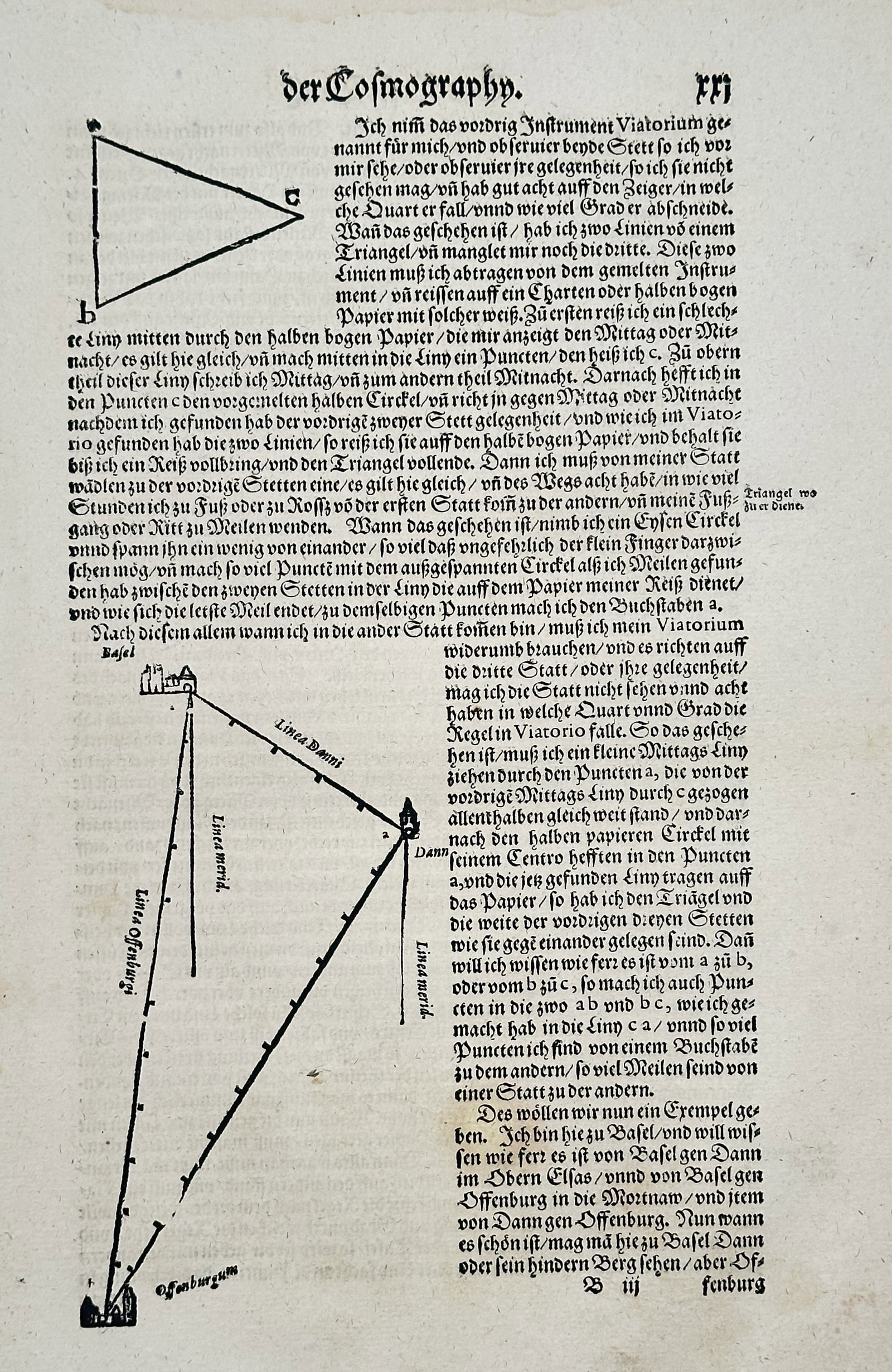 Sebastian Münster – Diagram of Distance Measurement (Triangulation) with Text from Cosmographia: This folio leaf is an original print from the influential geographical and historical encyclopedia Cosmographia, titled Der Cosmography (Cosmography) at the top. The page is dominated by a large woodc